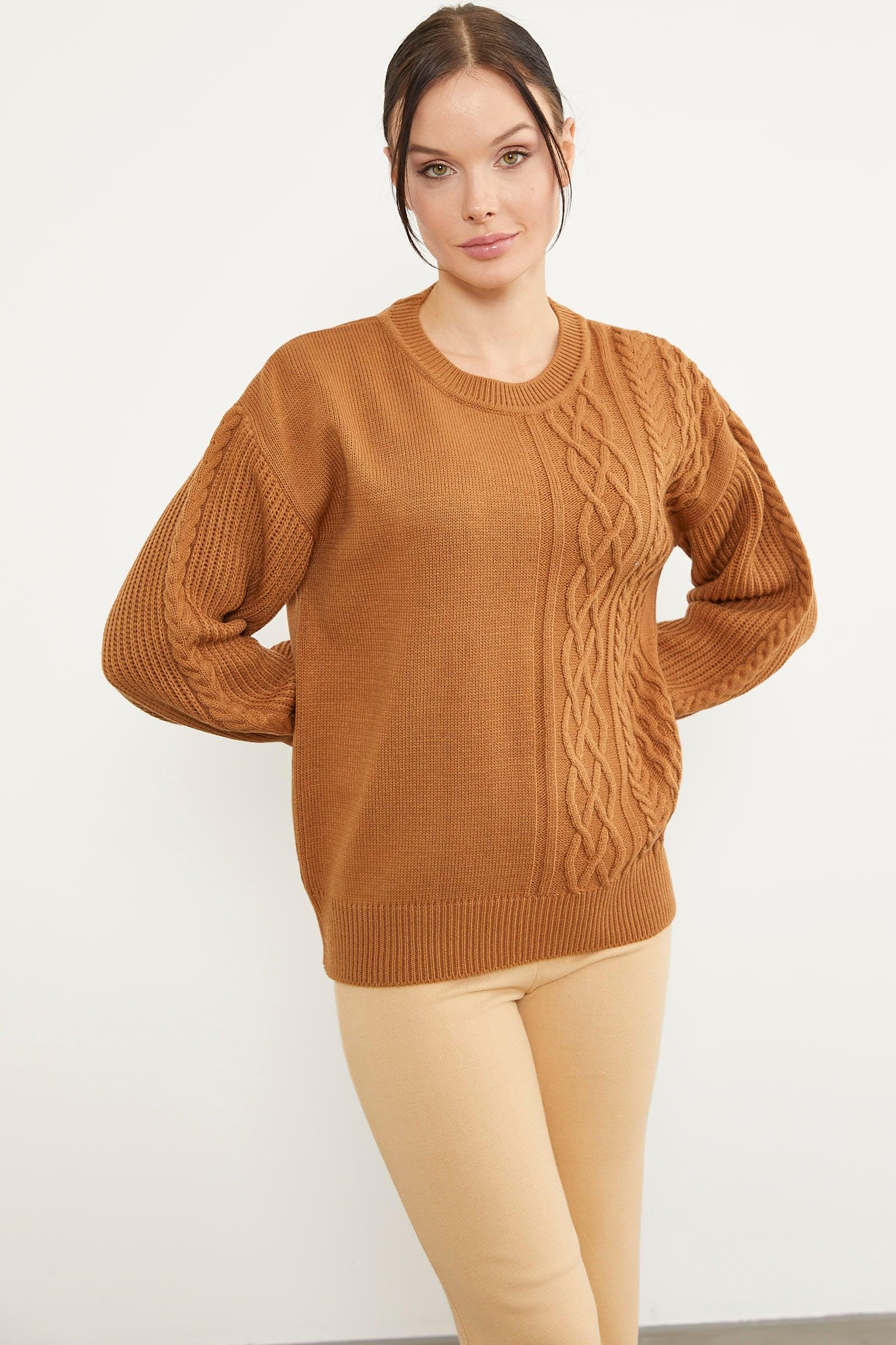 32449 Prenses Kol Örgü Detay Triko Kazak