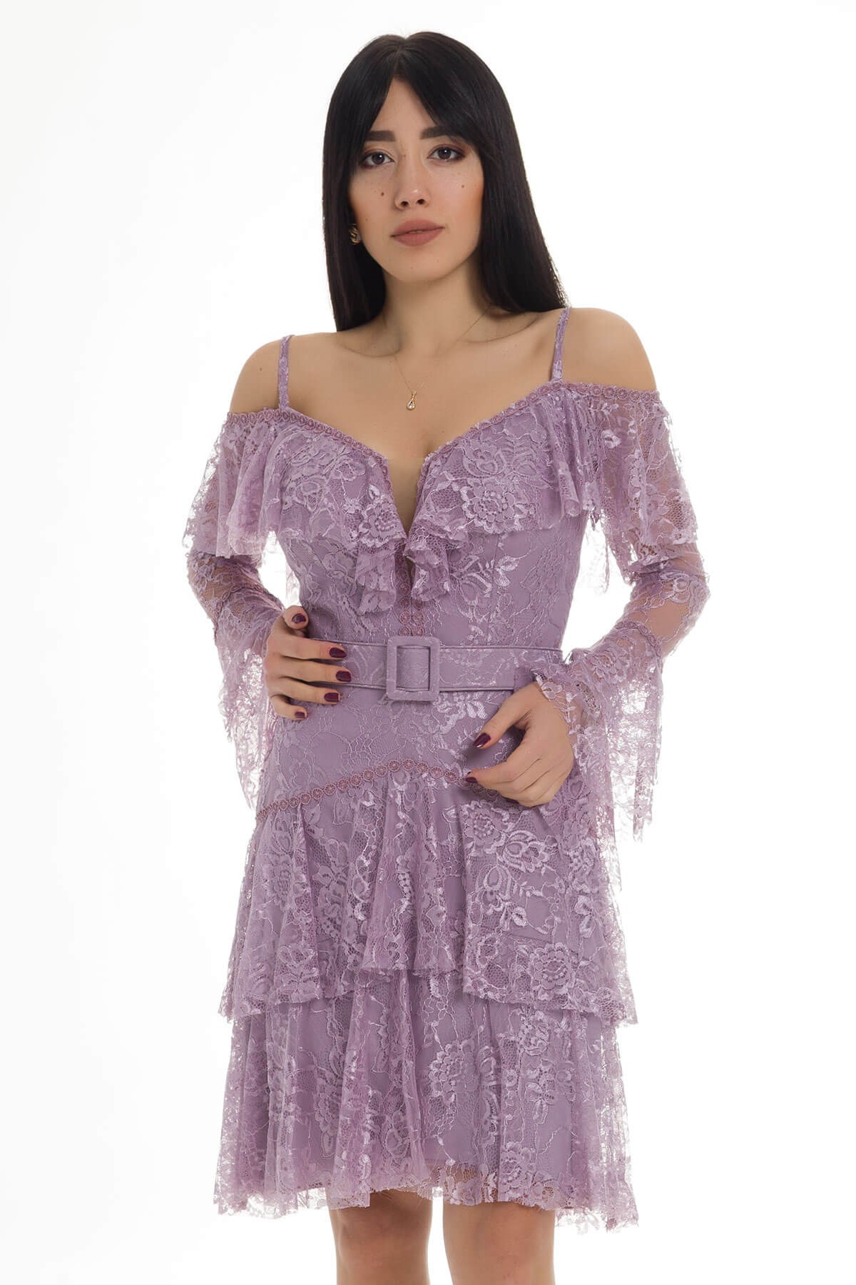 329 KB Beli Kemerli Fırfırlı Dantel Kısa Abiye