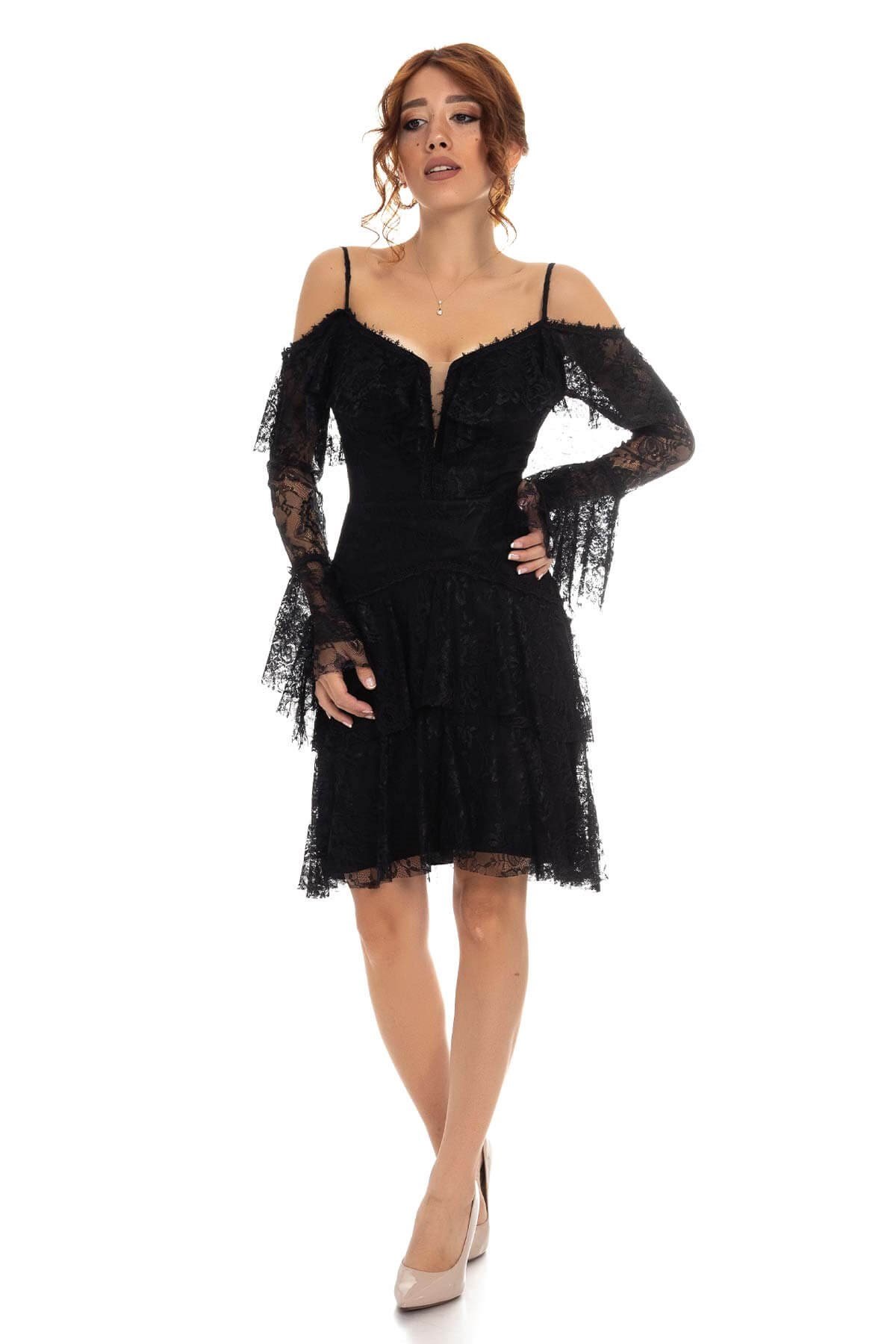 329 KB Beli Kemerli Fırfırlı Dantel Uzun Abiye