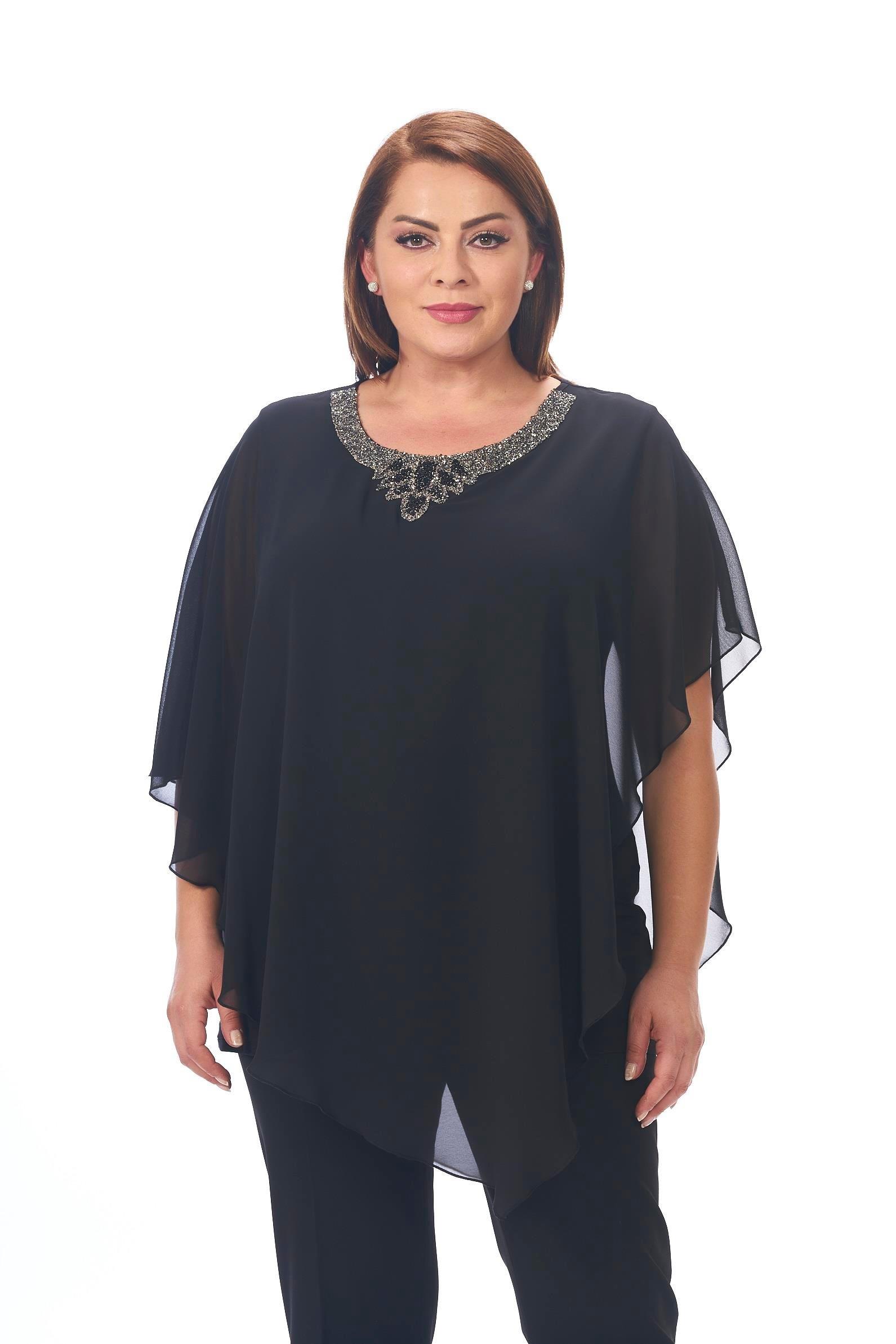 334 Büyük Beden Yaka Kendinden Taş Kolye Tül Detay Şifon Bluz