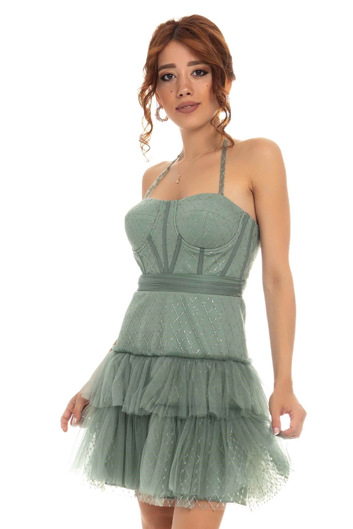 339 KB Straplez Eteği Katkat Simli Mini Elbise