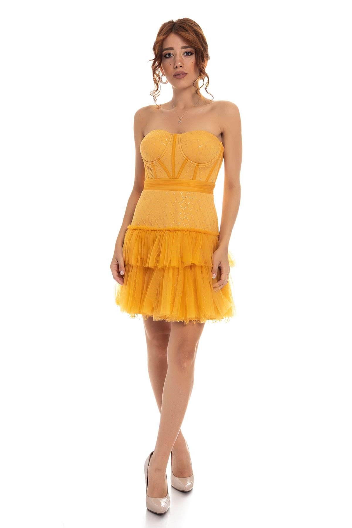 339 KB Straplez Eteği Katkat Simli Mini Elbise