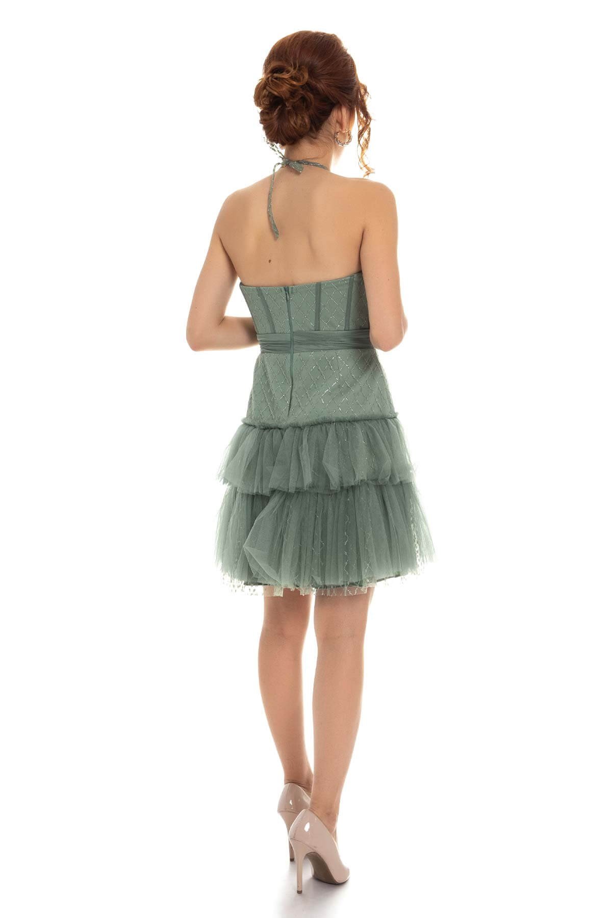 339 KB Straplez Eteği Katkat Simli Mini Elbise