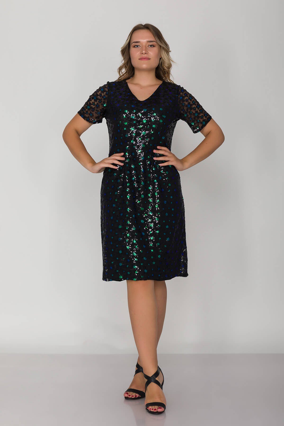 3422 Büyük Beden Kısa Kol Pulpayet Çiçek Nakışlı Kısa Elbise