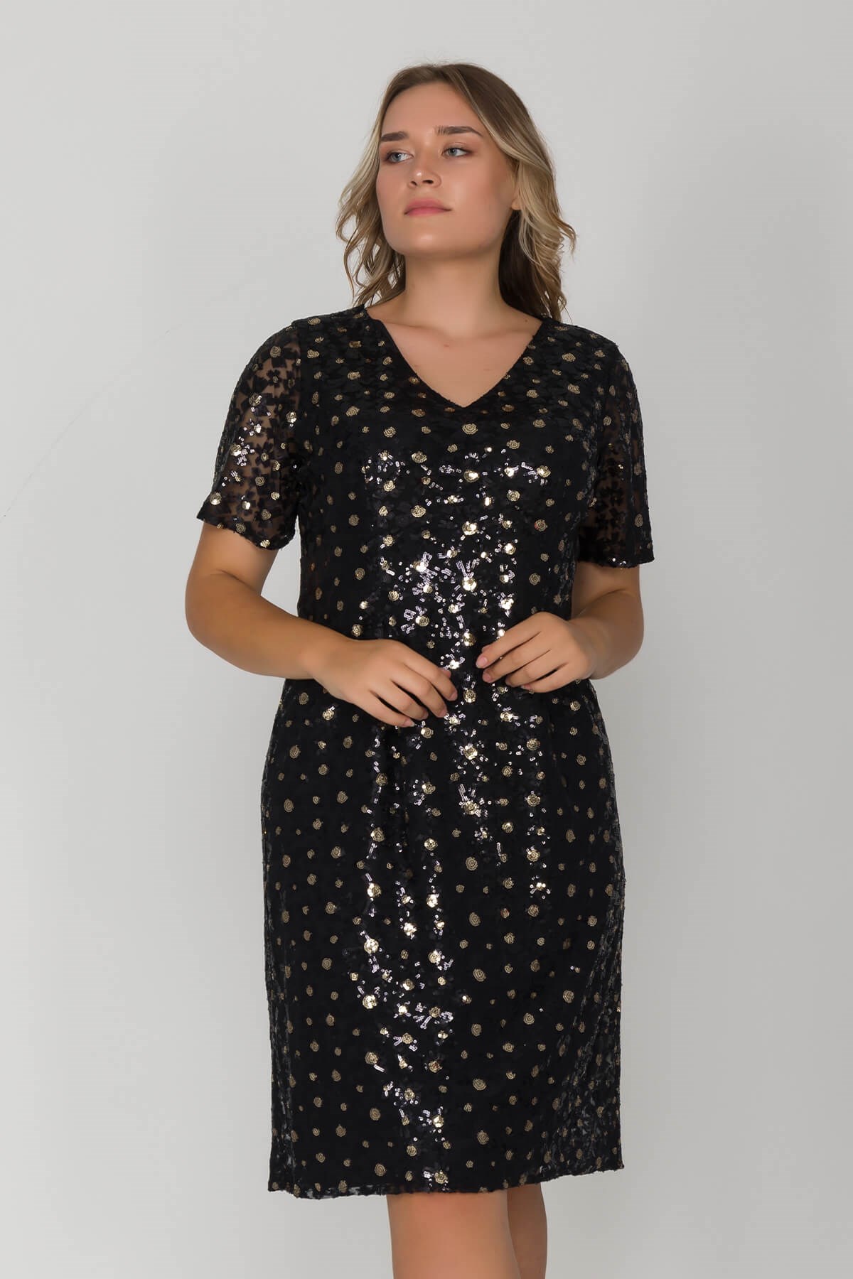 3422 Büyük Beden Kısa Kol Pulpayet Çiçek Nakışlı Kısa Elbise