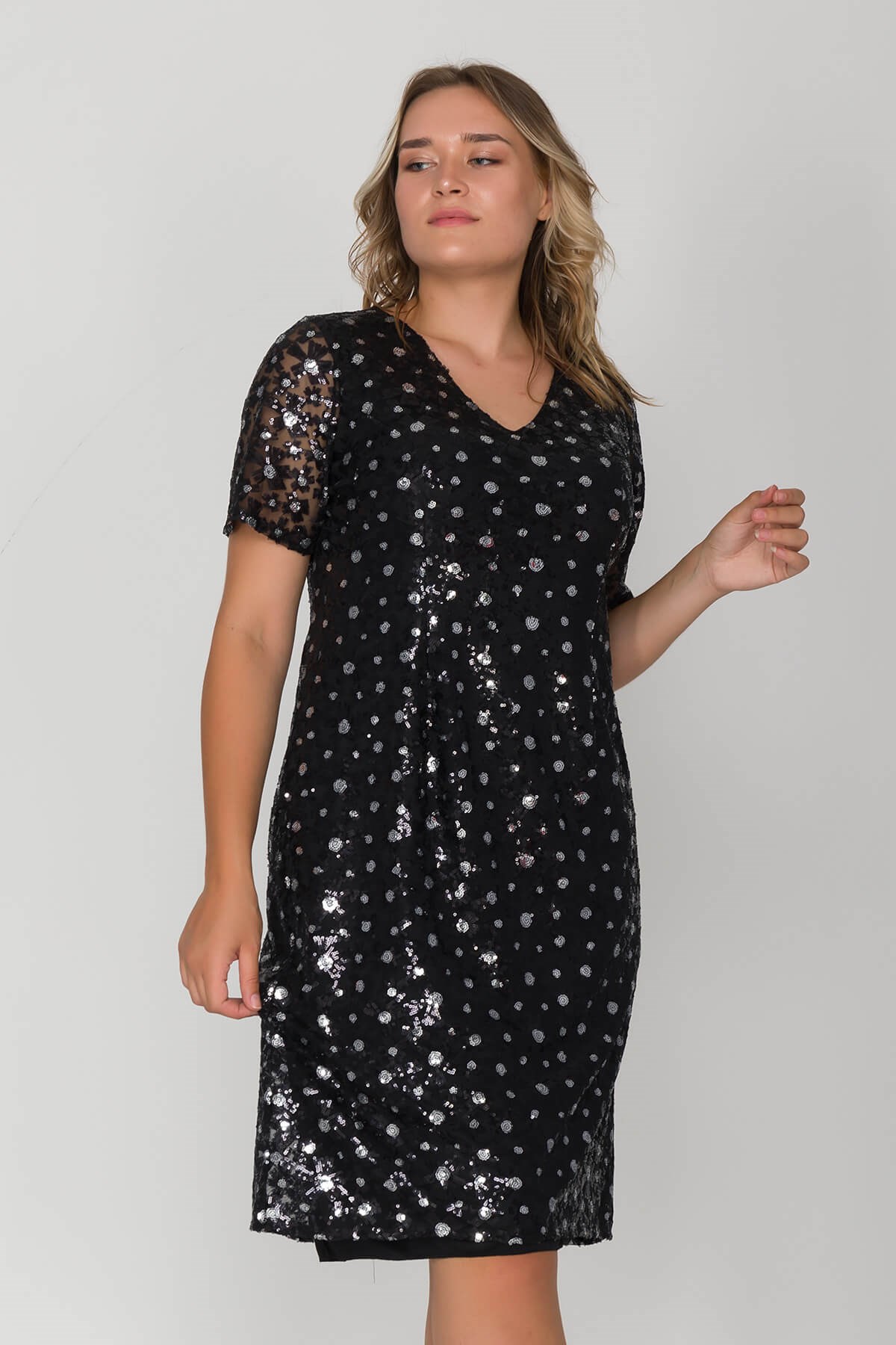 3422 Büyük Beden Kısa Kol Pulpayet Çiçek Nakışlı Kısa Elbise