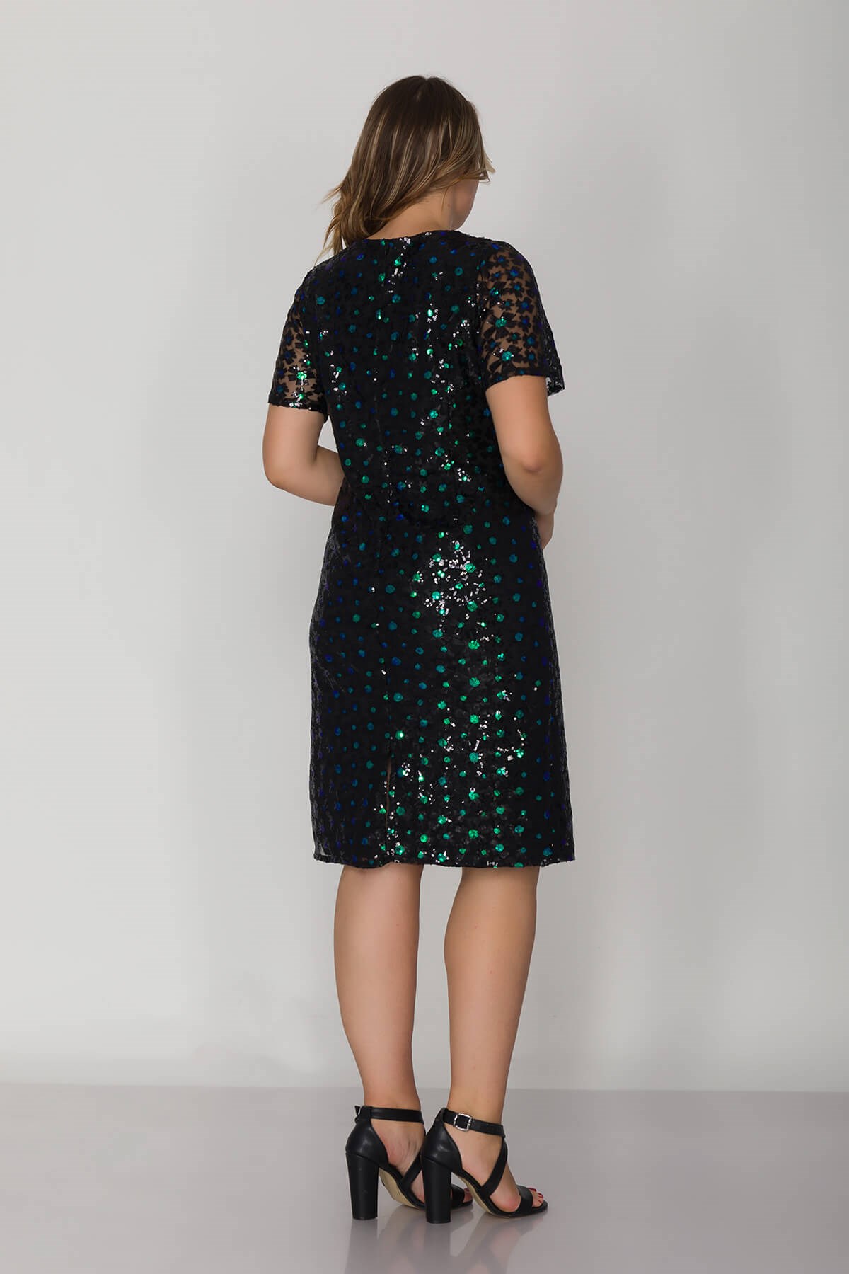 3422 Büyük Beden Kısa Kol Pulpayet Çiçek Nakışlı Kısa Elbise