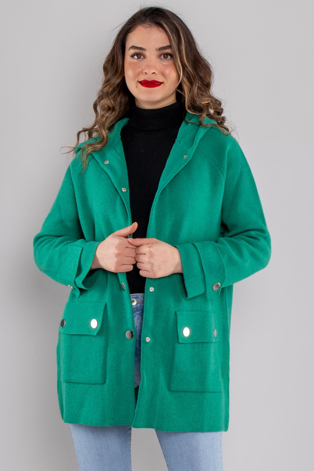 34244 Kapüşonlu Cepli Gold Düğme Yünlü Kadın Triko Ceket