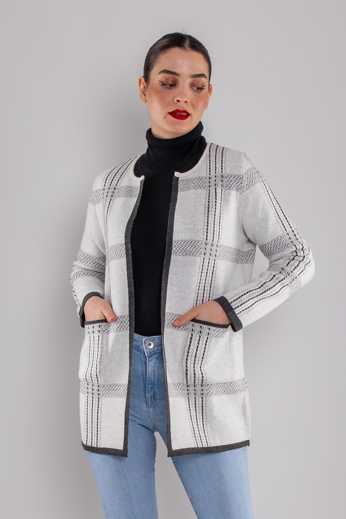 34340 Sıfır Yaka Cepli Triko Kadın Ceket
