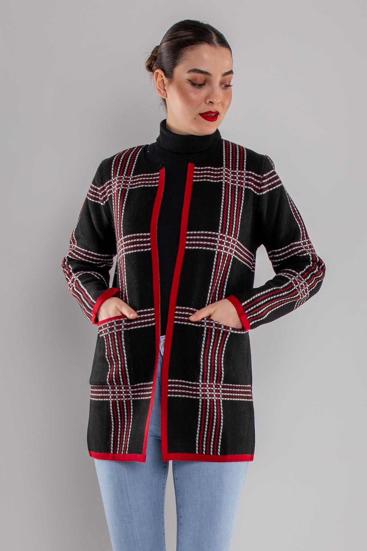 34340 Sıfır Yaka Cepli Triko Kadın Ceket