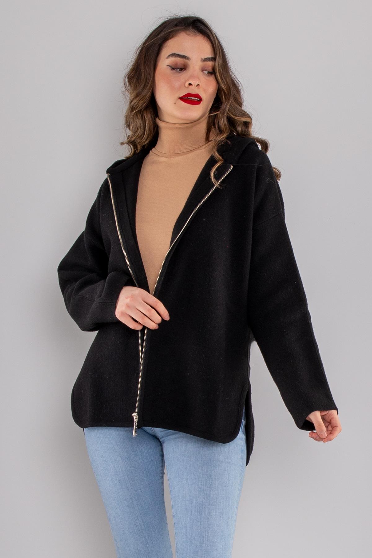 34404 Çelik Örgü Fermuarlı Kapüşonlu Triko Ceket