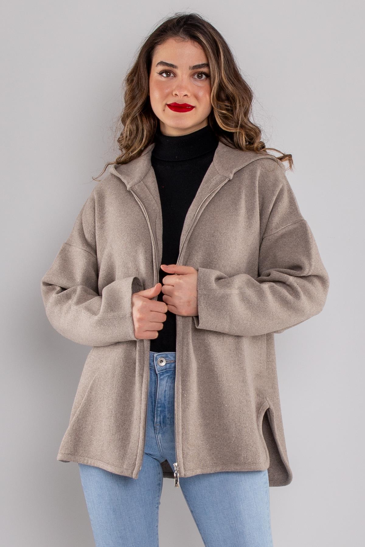 34404 Çelik Örgü Fermuarlı Kapüşonlu Triko Ceket