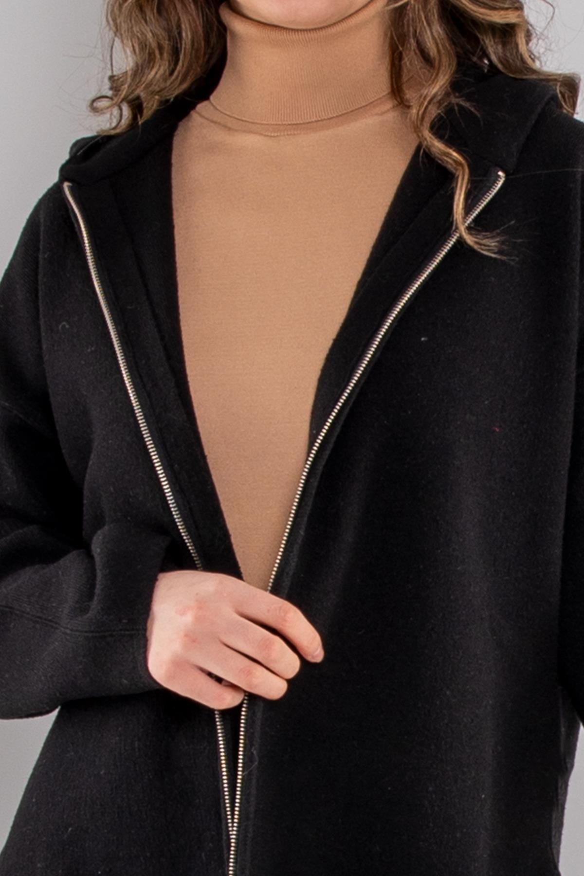 34404 Çelik Örgü Fermuarlı Kapüşonlu Triko Ceket