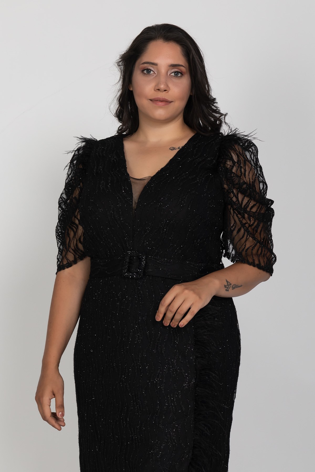 3442 Büyük Beden Kemerli Suyolu Sim Nakışlı Yırtmaçlı Tüllü Karpuz Kol Uuzn Elbise