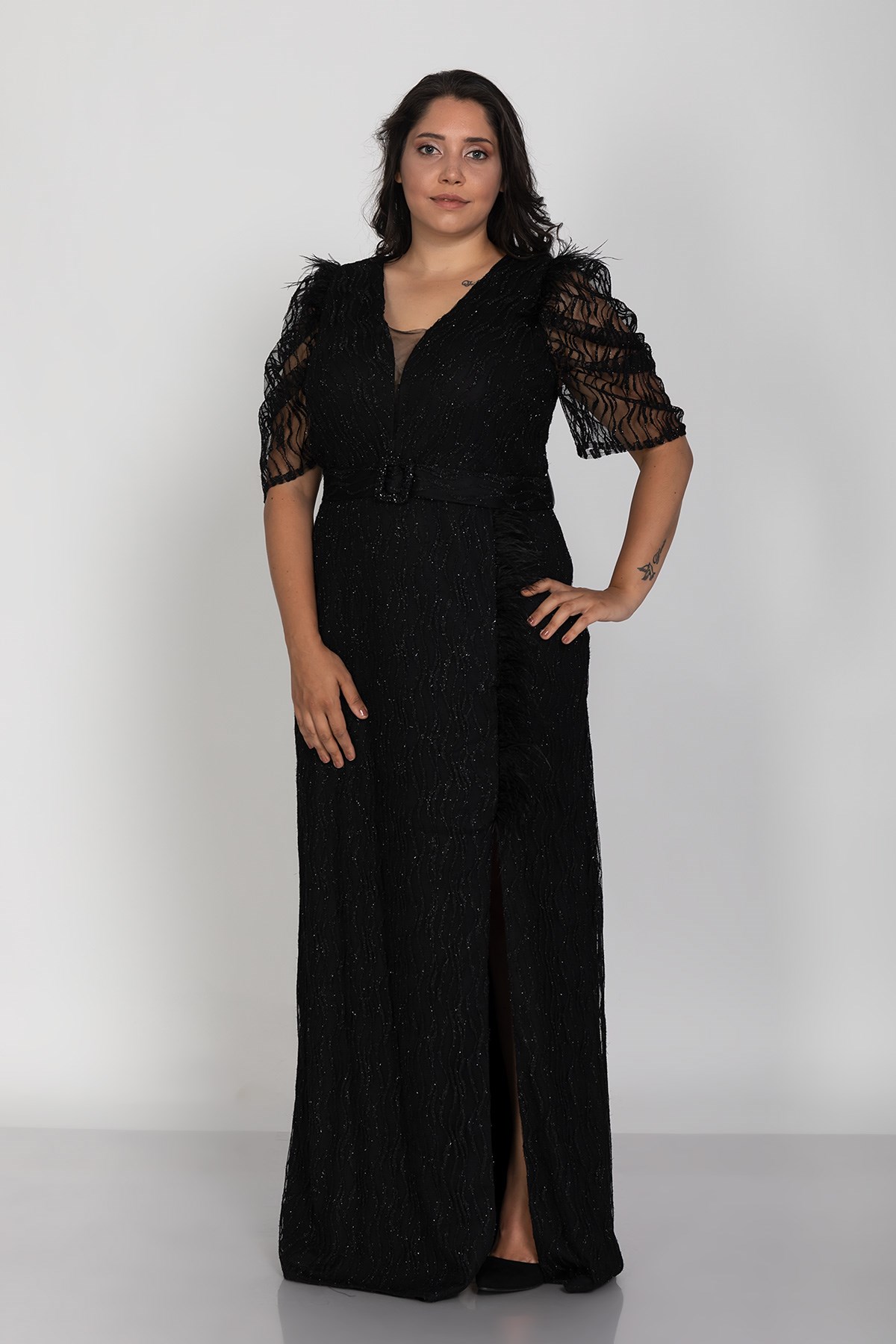 3442 Büyük Beden Kemerli Suyolu Sim Nakışlı Yırtmaçlı Tüllü Karpuz Kol Uuzn Elbise