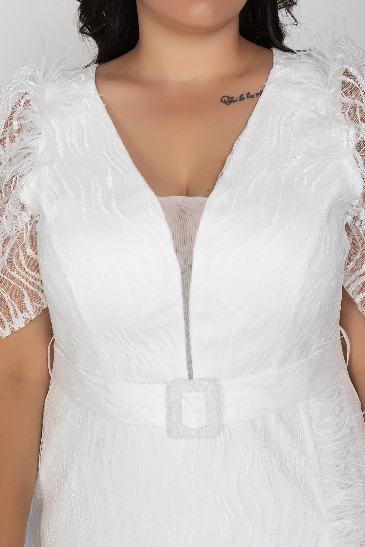 3442 Büyük Beden Kemerli Suyolu Sim Nakışlı Yırtmaçlı Tüllü Karpuz Kol Uuzn Elbise