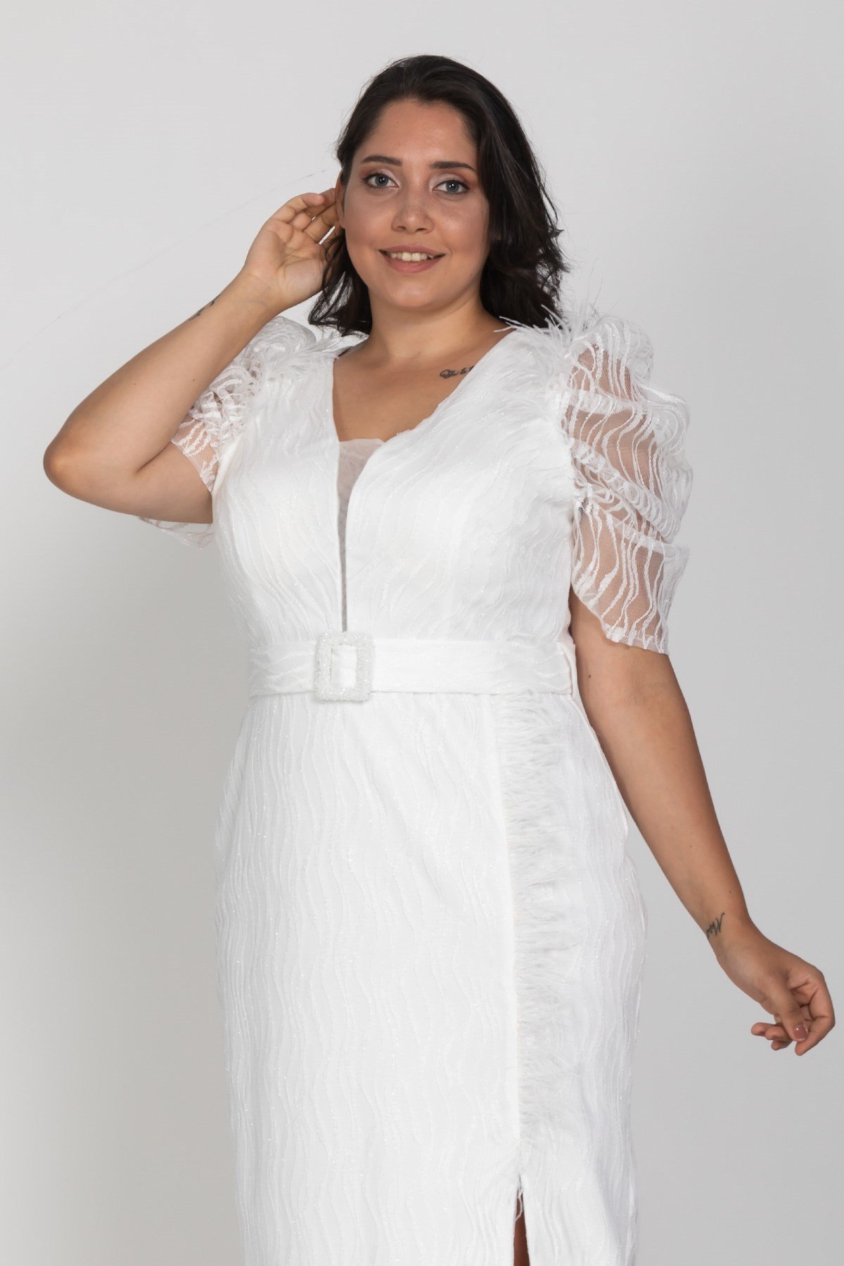 3442 Büyük Beden Kemerli Suyolu Sim Nakışlı Yırtmaçlı Tüllü Karpuz Kol Uuzn Elbise