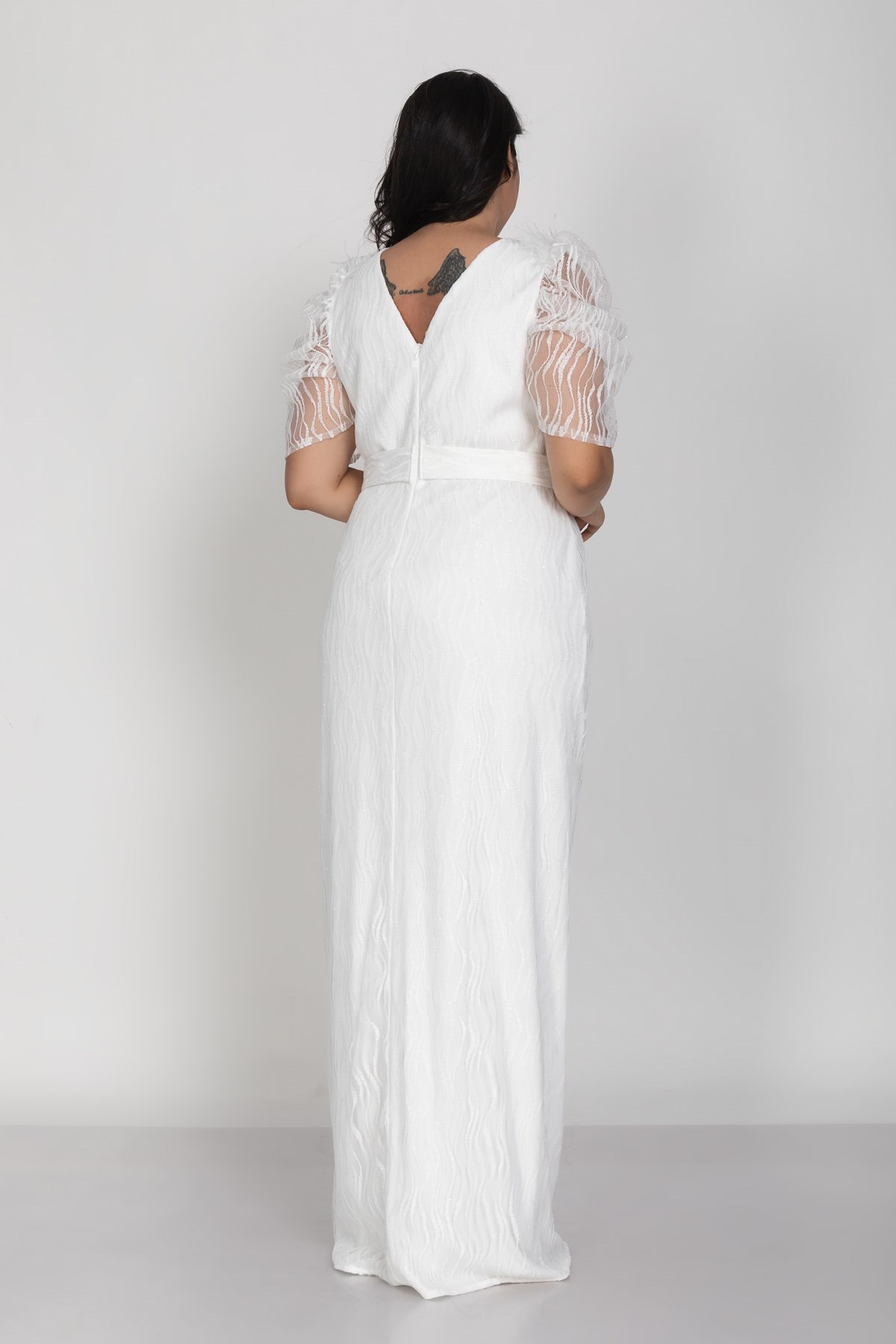 3442 Büyük Beden Kemerli Suyolu Sim Nakışlı Yırtmaçlı Tüllü Karpuz Kol Uuzn Elbise