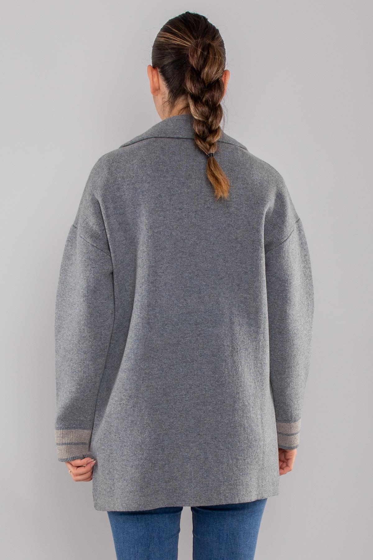 34432 Ekose Detaylı Kruvaze Yaka Triko Ceket