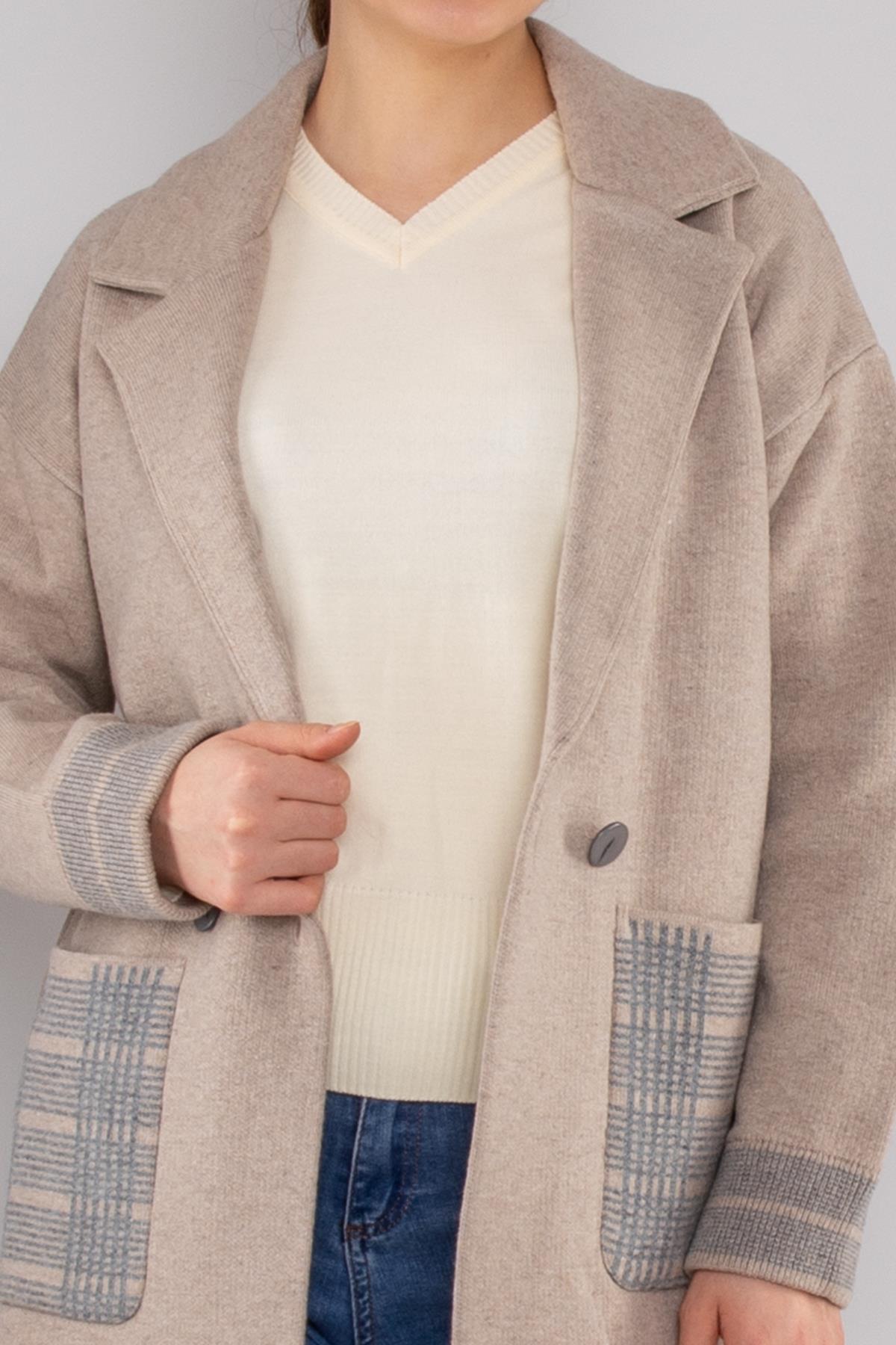 34432 Ekose Detaylı Kruvaze Yaka Triko Ceket