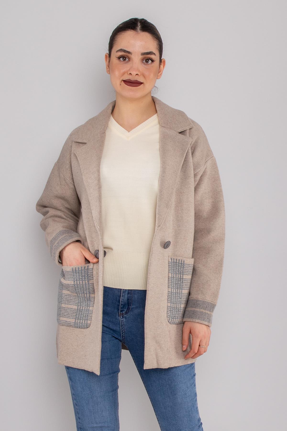 34432 Ekose Detaylı Kruvaze Yaka Triko Ceket