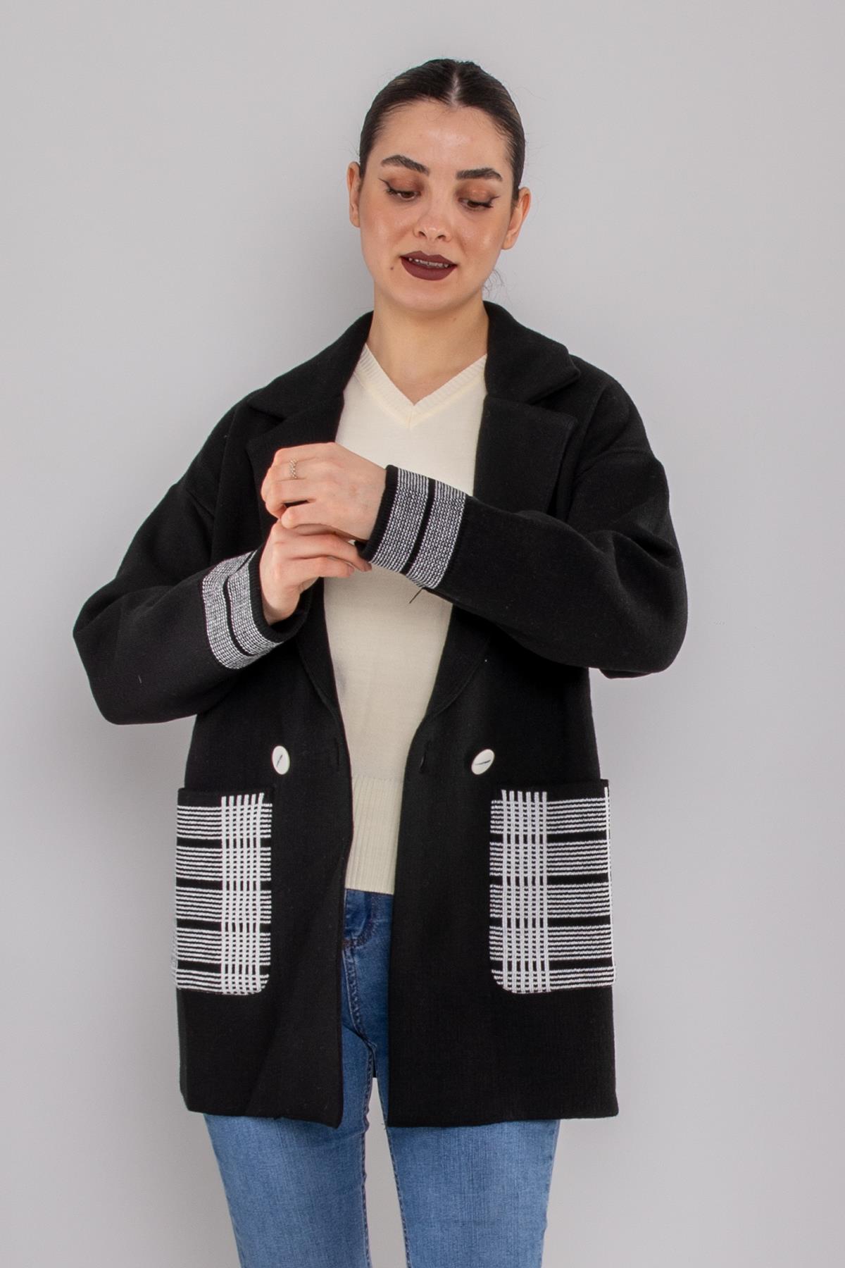 34432 Ekose Detaylı Kruvaze Yaka Triko Ceket