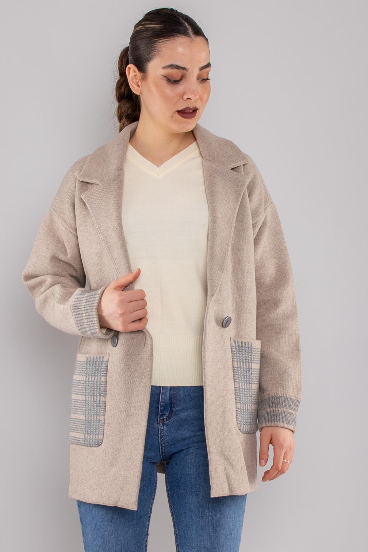 34432 Ekose Detaylı Kruvaze Yaka Triko Ceket