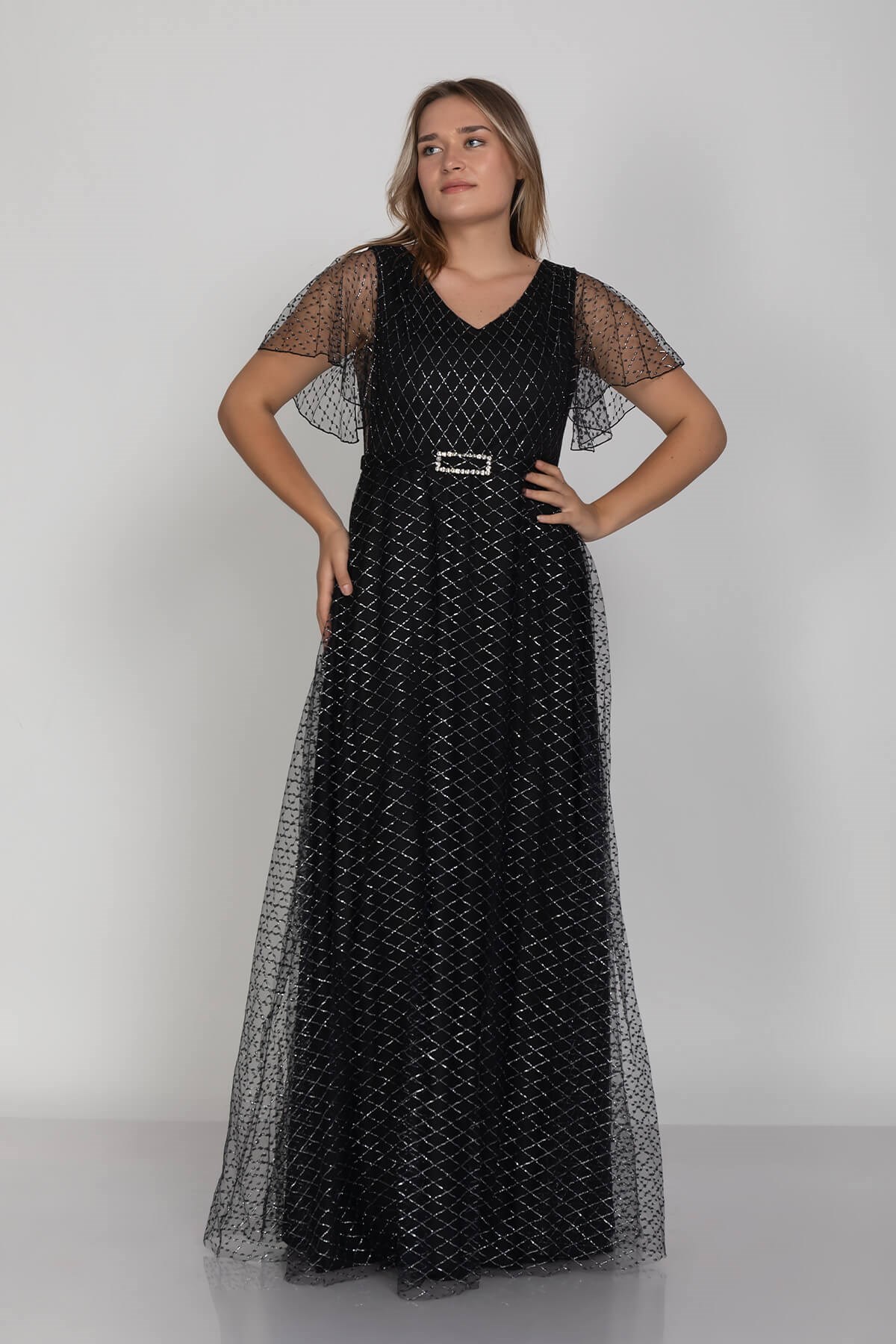 3447 Büyük Beden Mendil Kol Beli Kendinden Kemerli Yaldızlı Uzun Elbise