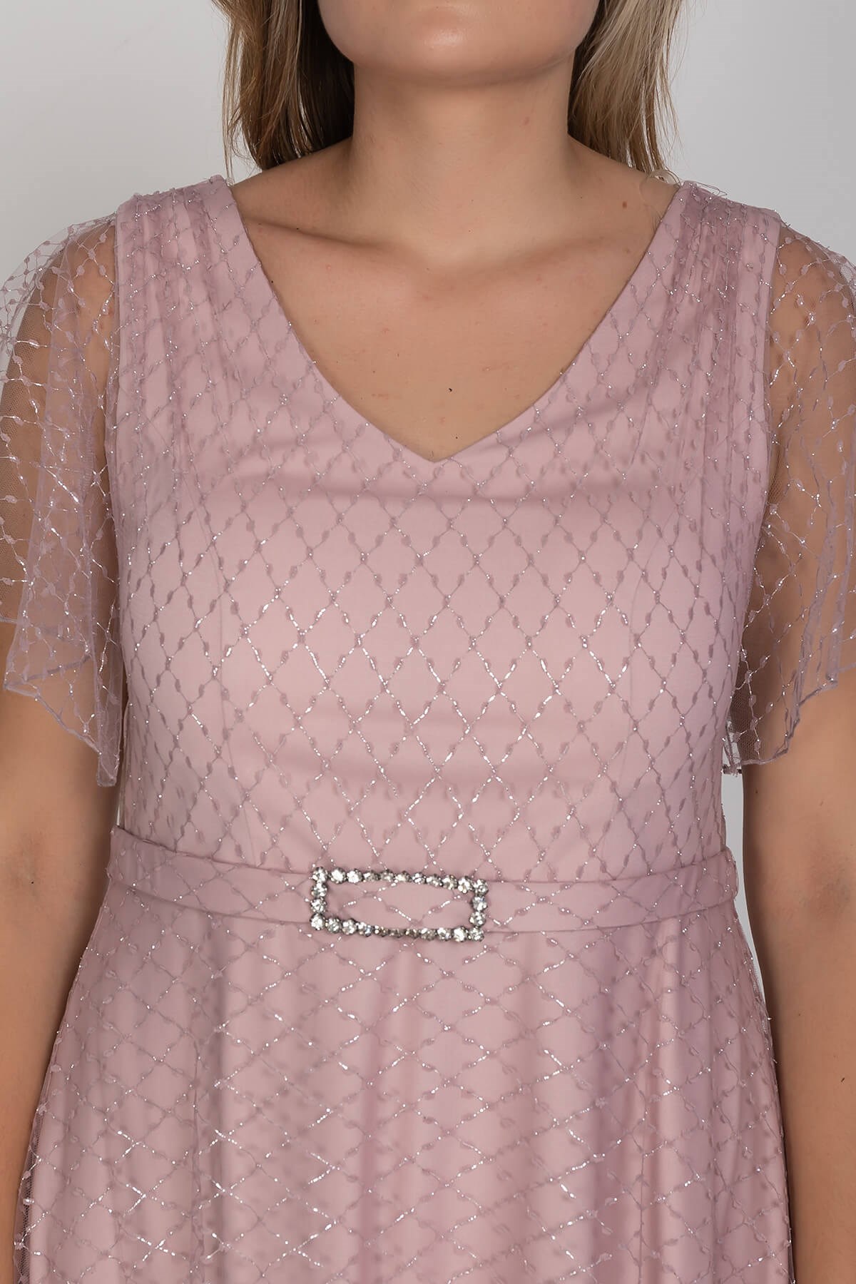 3447 Büyük Beden Mendil Kol Beli Kendinden Kemerli Yaldızlı Uzun Elbise