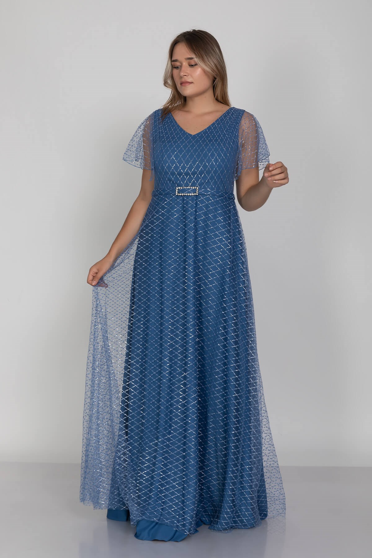 3447 Büyük Beden Mendil Kol Beli Kendinden Kemerli Yaldızlı Uzun Elbise