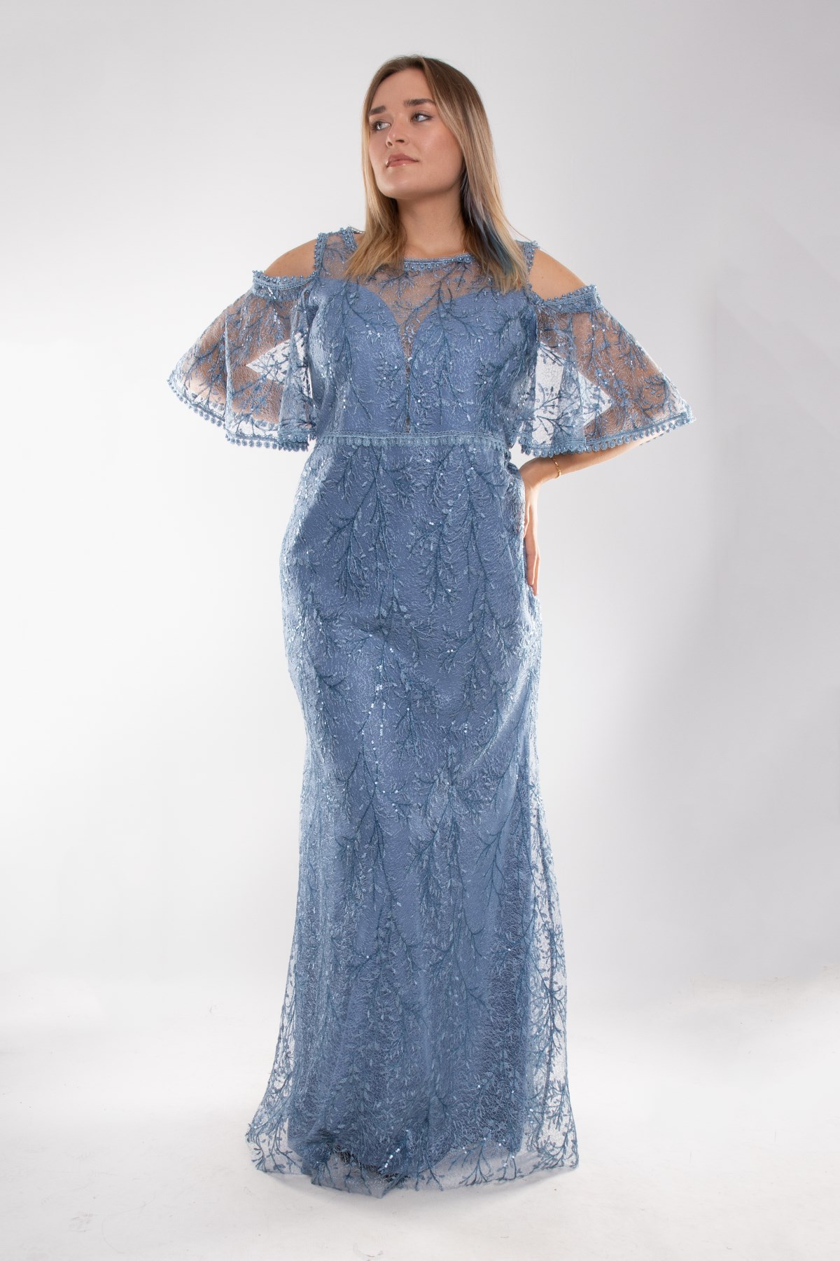 3448 Pulpayet Naklışlı Omuz Dekolte Mendil Kol Büyük Beden Balık Uzun Elbise