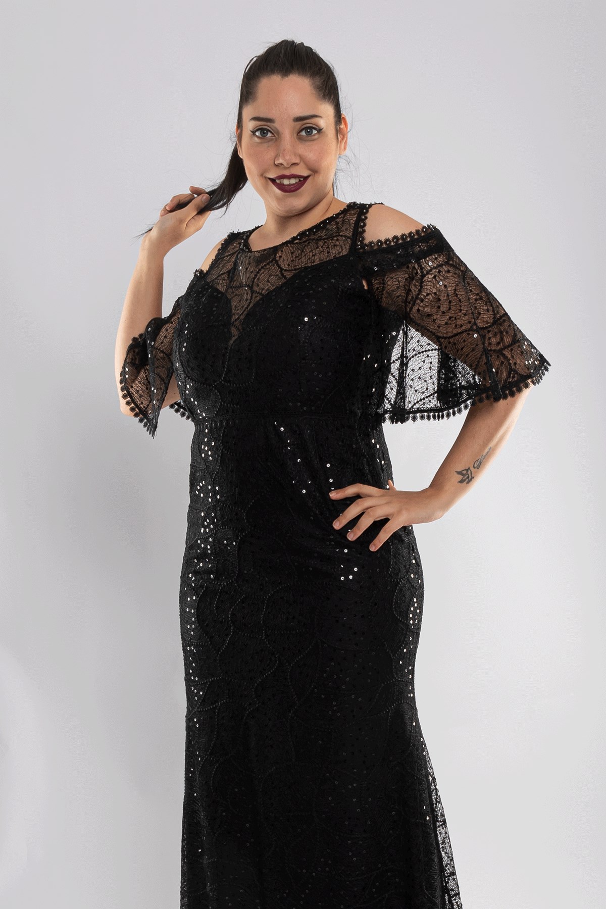 3448 Pulpayet Naklışlı Omuz Dekolte Mendil Kol Büyük Beden Balık Uzun Elbise