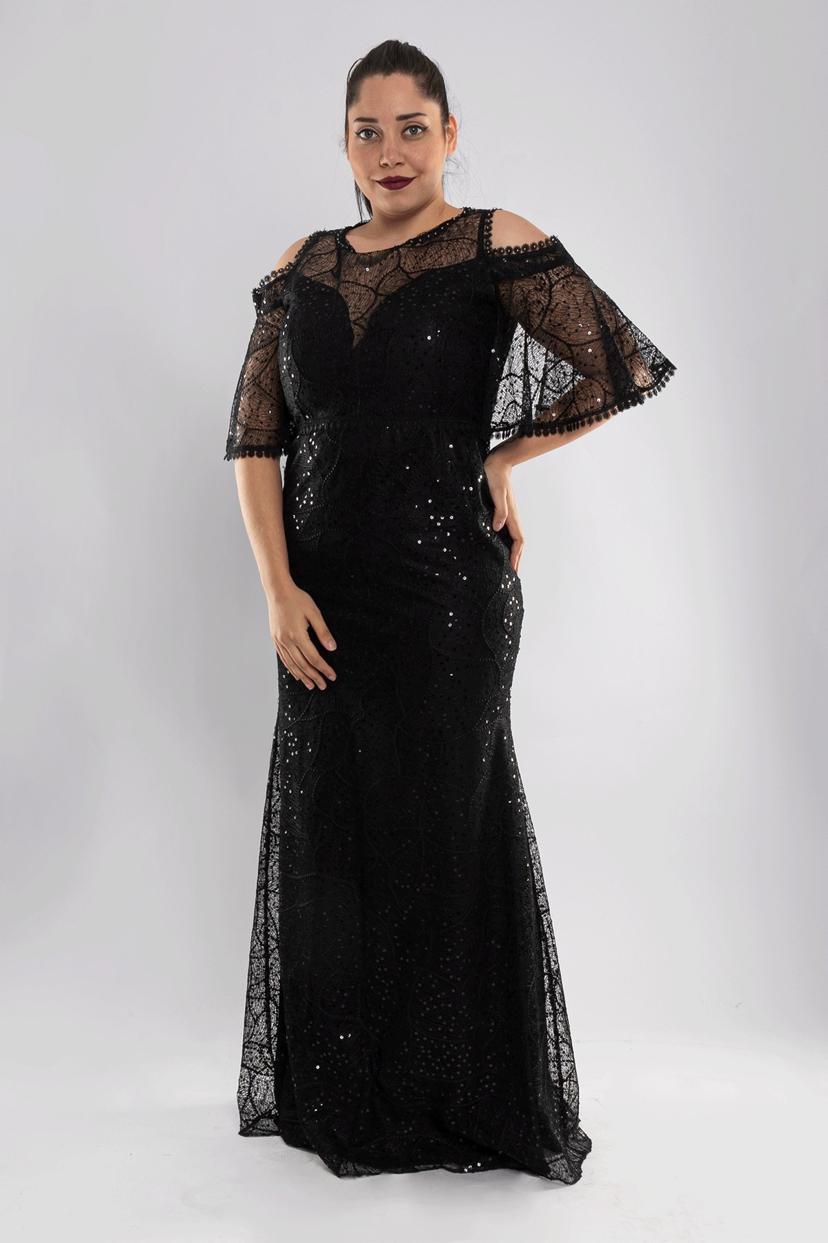 3448 Pulpayet Naklışlı Omuz Dekolte Mendil Kol Büyük Beden Balık Uzun Elbise