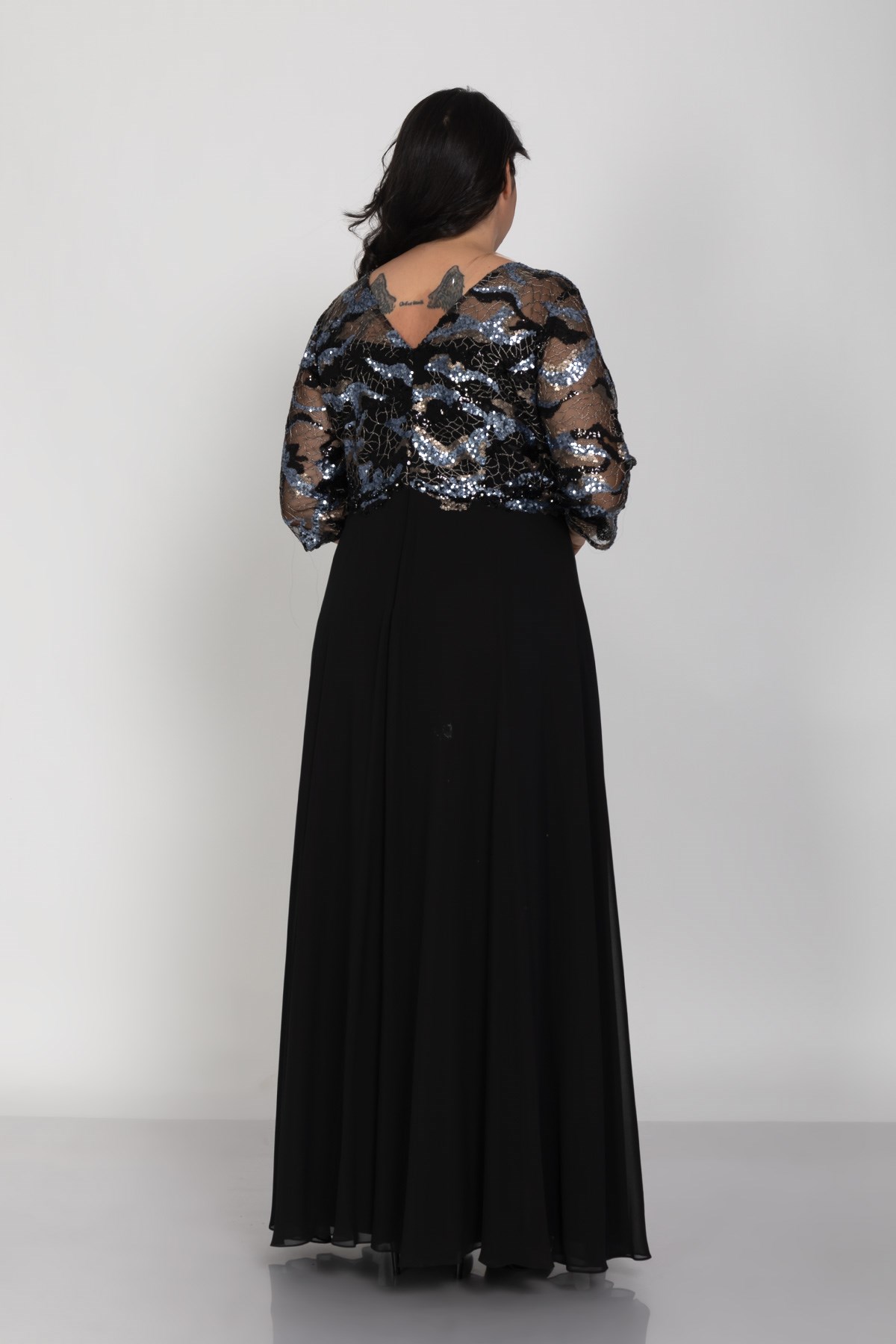 3452 Büyük Beden Truvakar Kol Degrade Payet İşleme Şifon Uzun Elbise