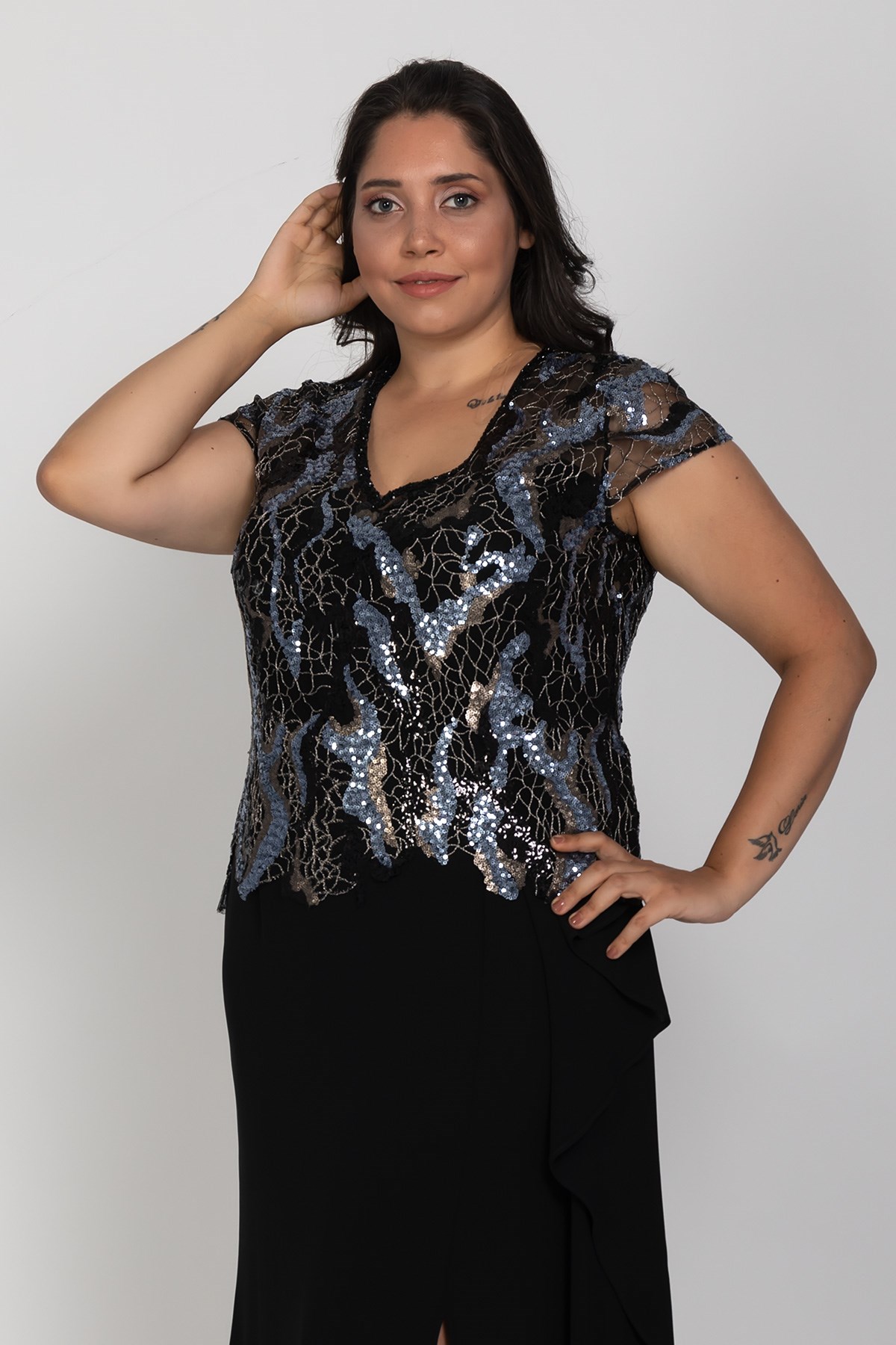 3469 Büyük Beden Vyaka Degrade Payet Nakışlı Yanı Valonlu Yırtmaçlı Uzun Elbise