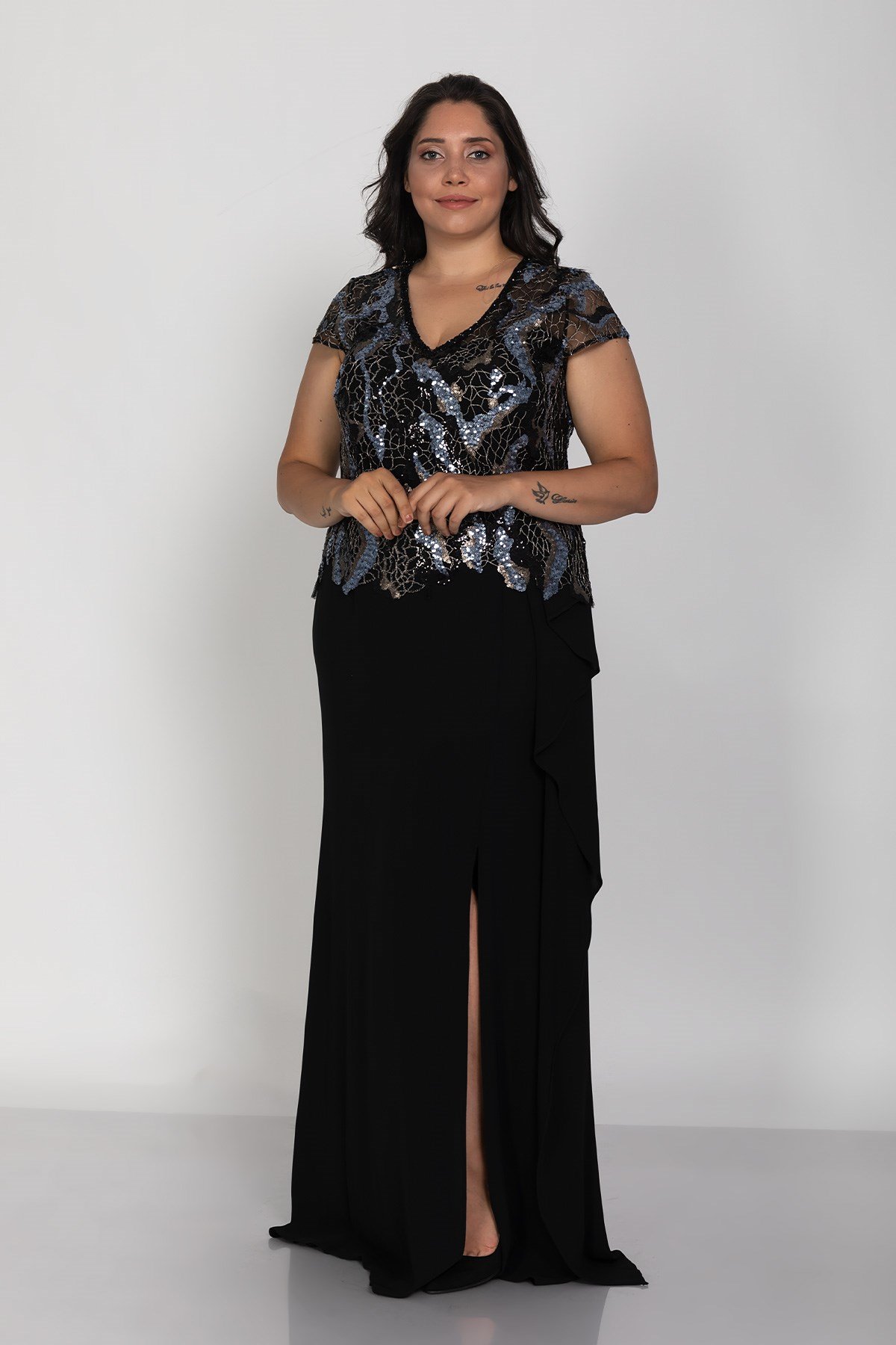 3469 Büyük Beden Vyaka Degrade Payet Nakışlı Yanı Valonlu Yırtmaçlı Uzun Elbise