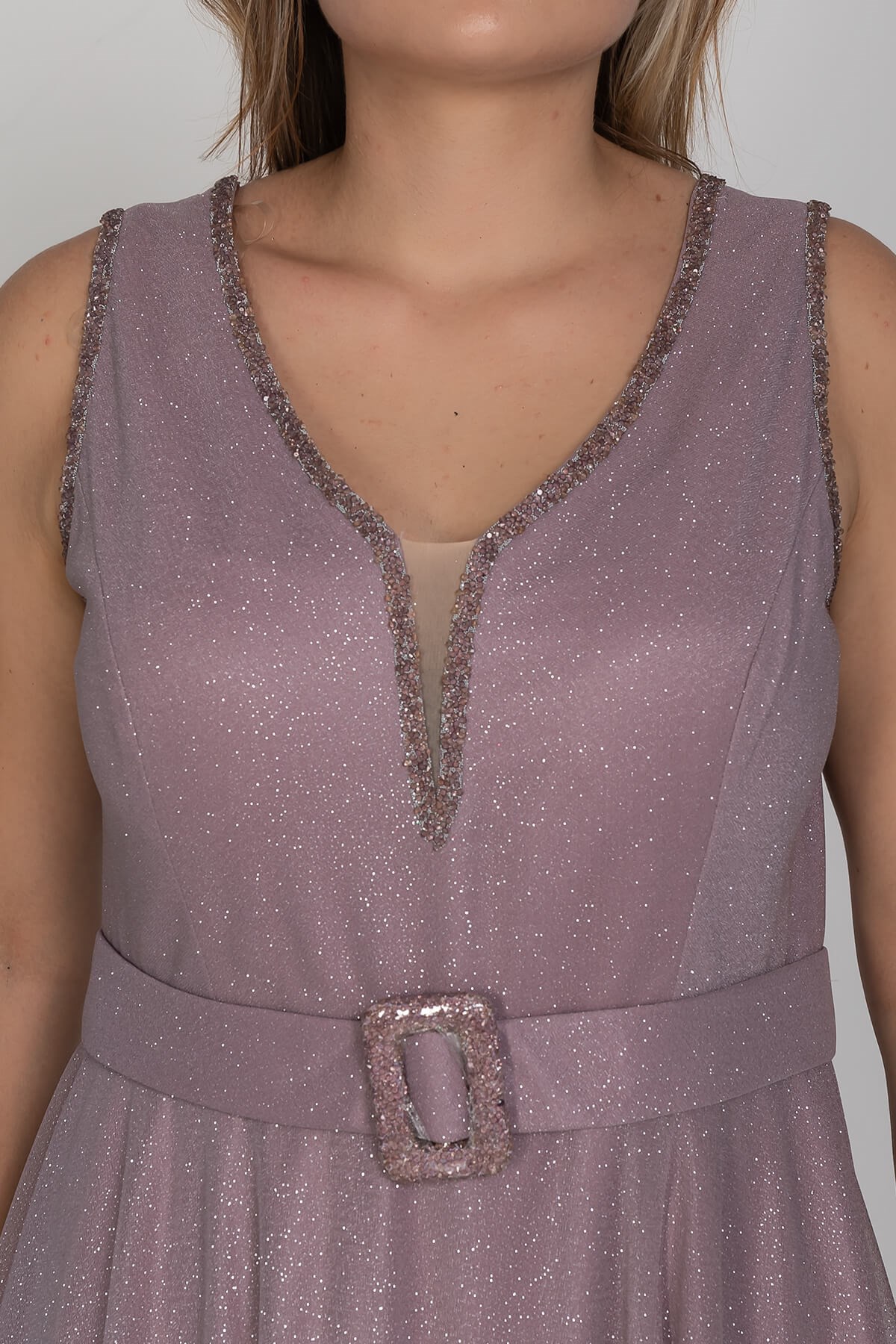 3494 Büyük Beden Kendinden Kemerli Patı Taşlı Sim Kumaş Uzun Elbise