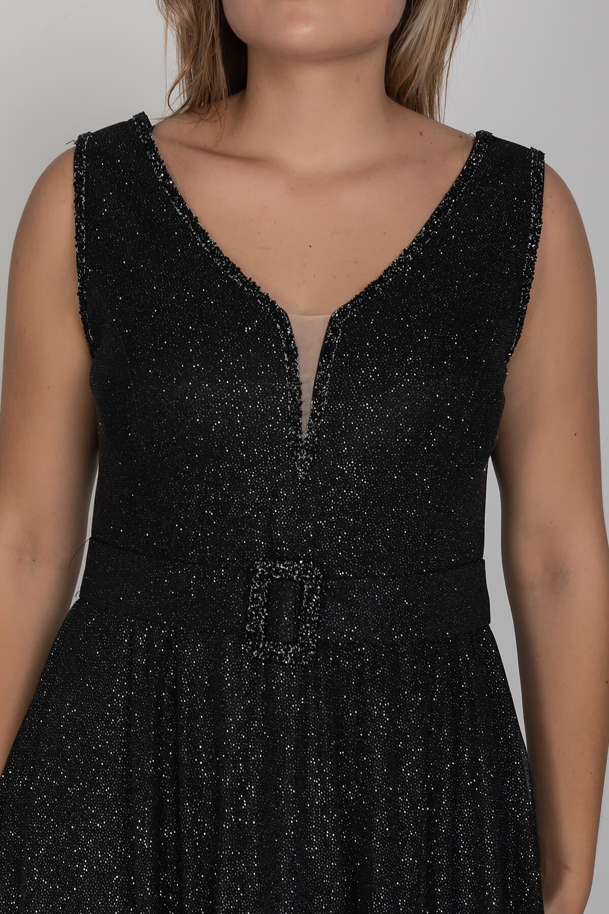 3494 Büyük Beden Kendinden Kemerli Patı Taşlı Sim Kumaş Uzun Elbise