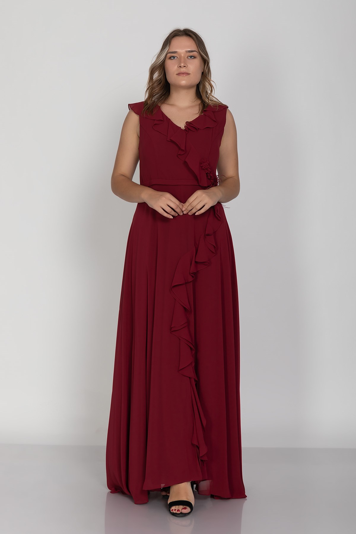 3507 Büyük Beden Fırfırlı Ön Arka Vyaka Çiçek Detaylı Krep Şifon Uzun Elbise