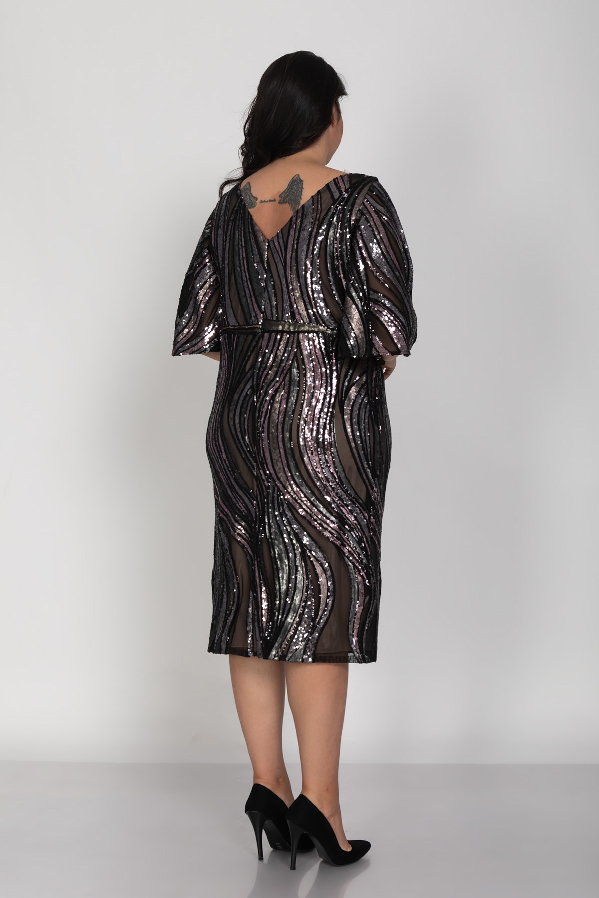 3513 Büyük Beden Valon Kol Degrade Pulpayet Kısa Elbise