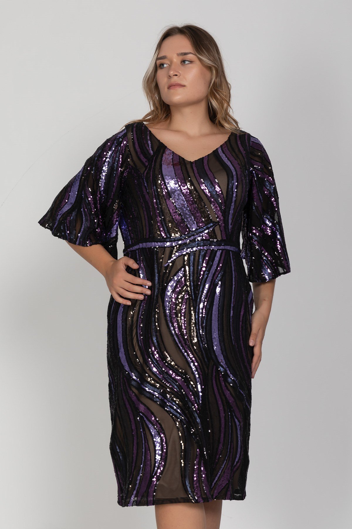 3513 Büyük Beden Valon Kol Degrade Pulpayet Kısa Elbise