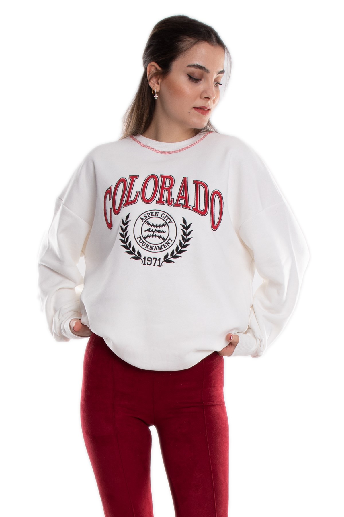 3648 Bisiklet Yaka Colorado Baskı İçi Şardonlu Pamuk Sweat