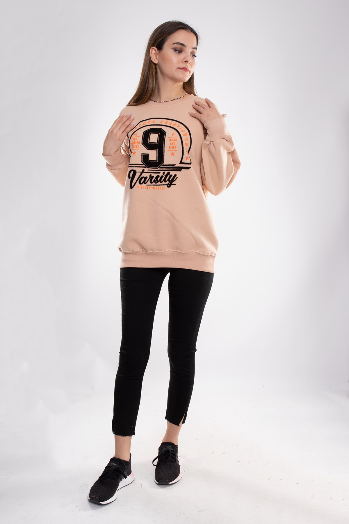 3656 İçi Şardonlu Baskılı Bisiklet Yaka Pamuk Sweat