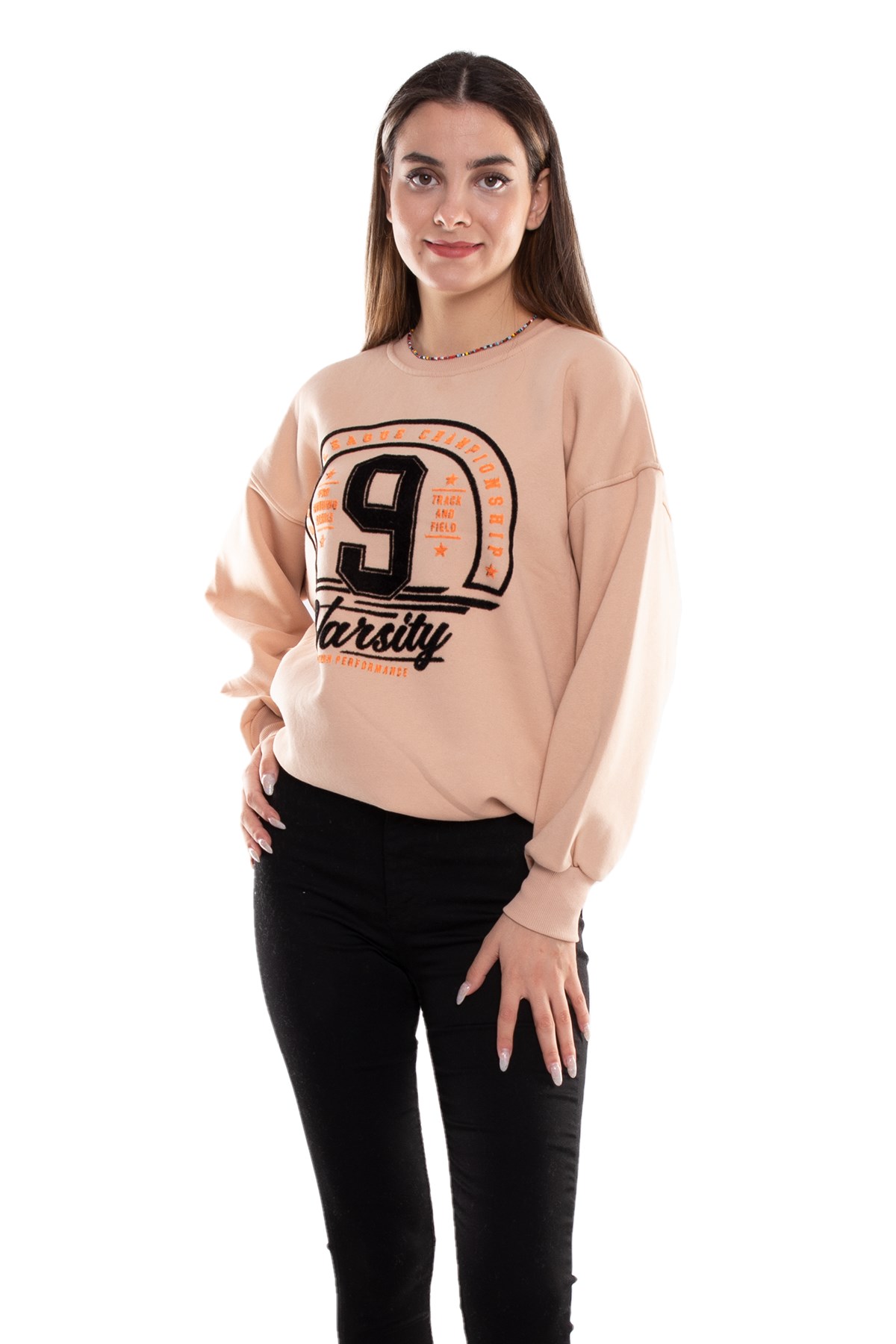 3656 İçi Şardonlu Baskılı Bisiklet Yaka Pamuk Sweat