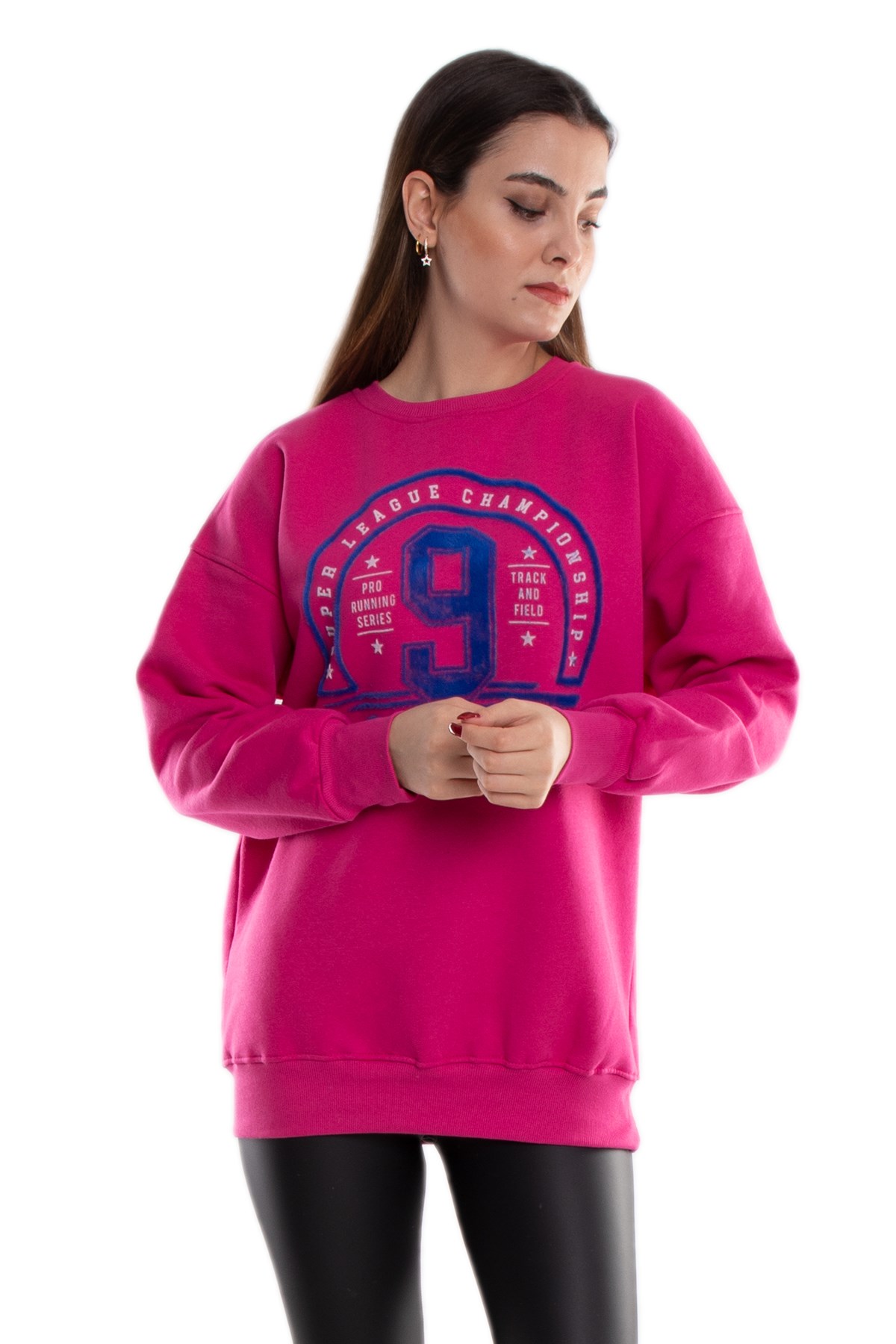 3656 İçi Şardonlu Baskılı Bisiklet Yaka Pamuk Sweat