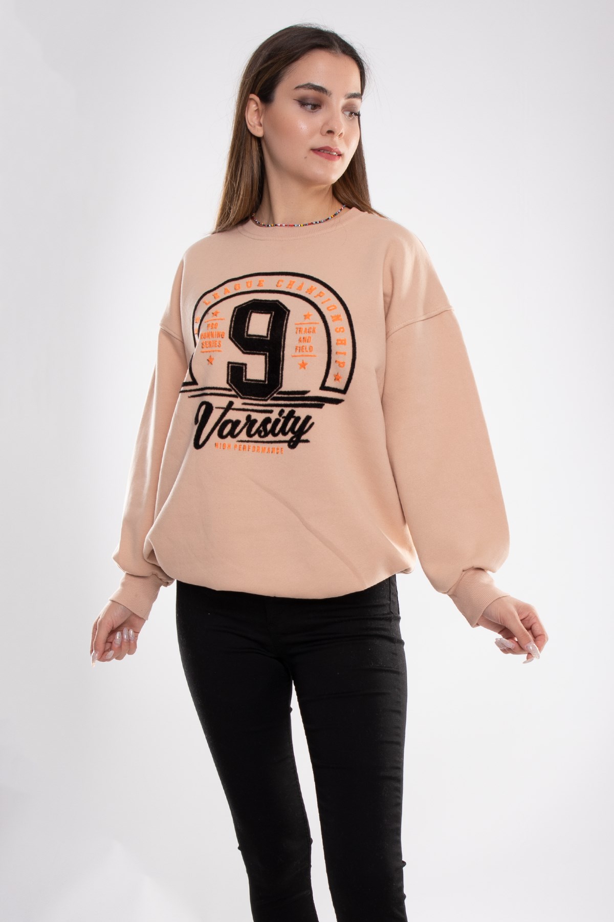 3656 İçi Şardonlu Baskılı Bisiklet Yaka Pamuk Sweat