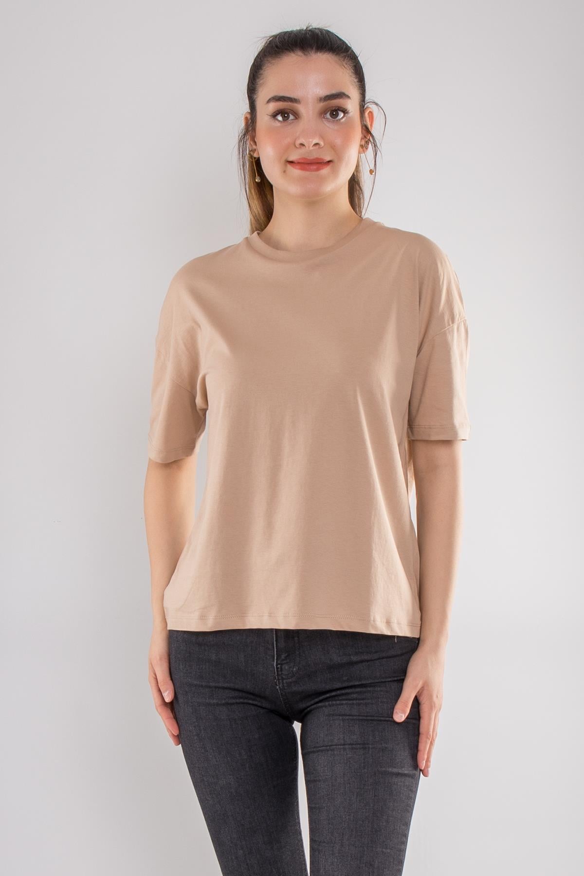 3683 Bisiklet Yaka Basic Pamuk Kadın Tshirt
