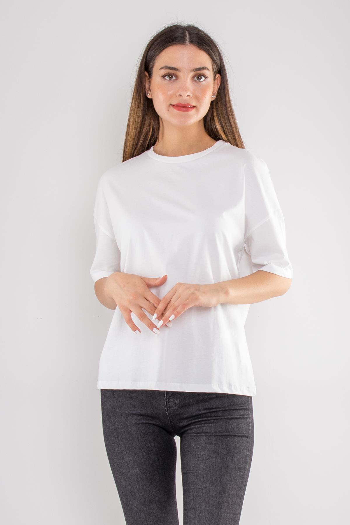 3683 Bisiklet Yaka Basic Pamuk Kadın Tshirt