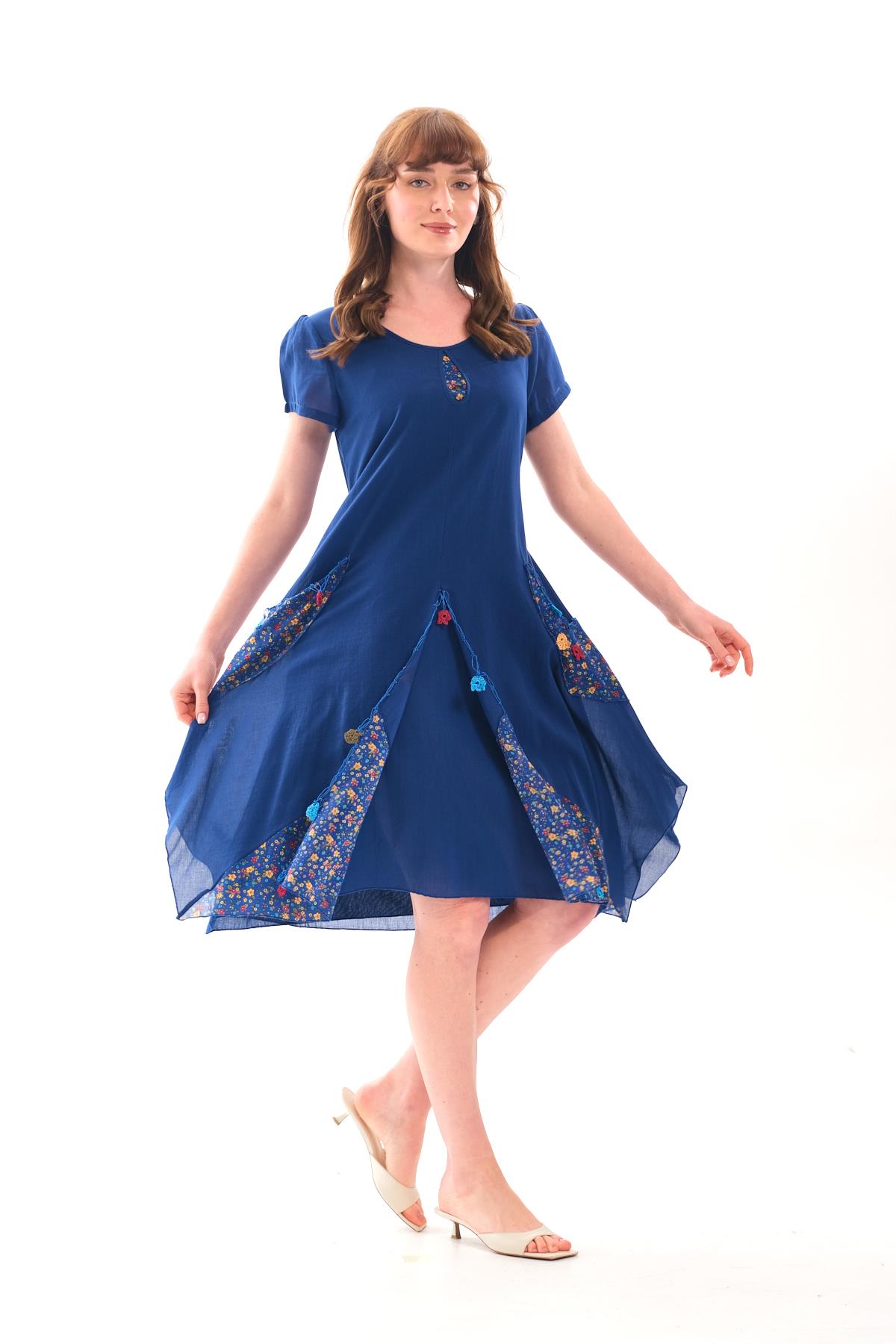 3705 Etek Ucu Asitmetrik Detay Kısa Kol Otantik Pamuk Elbise