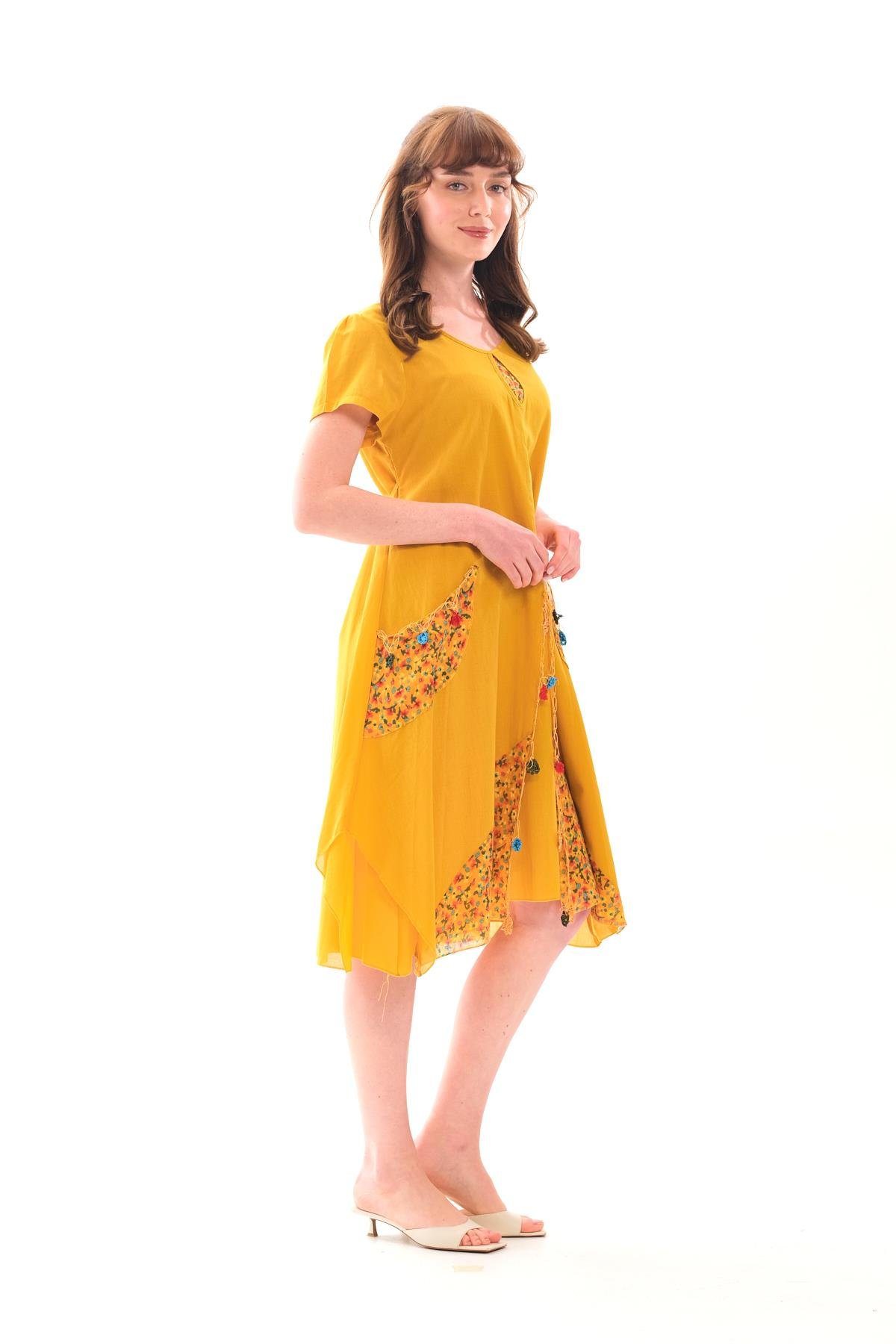 3705 Etek Ucu Asitmetrik Detay Kısa Kol Otantik Pamuk Elbise